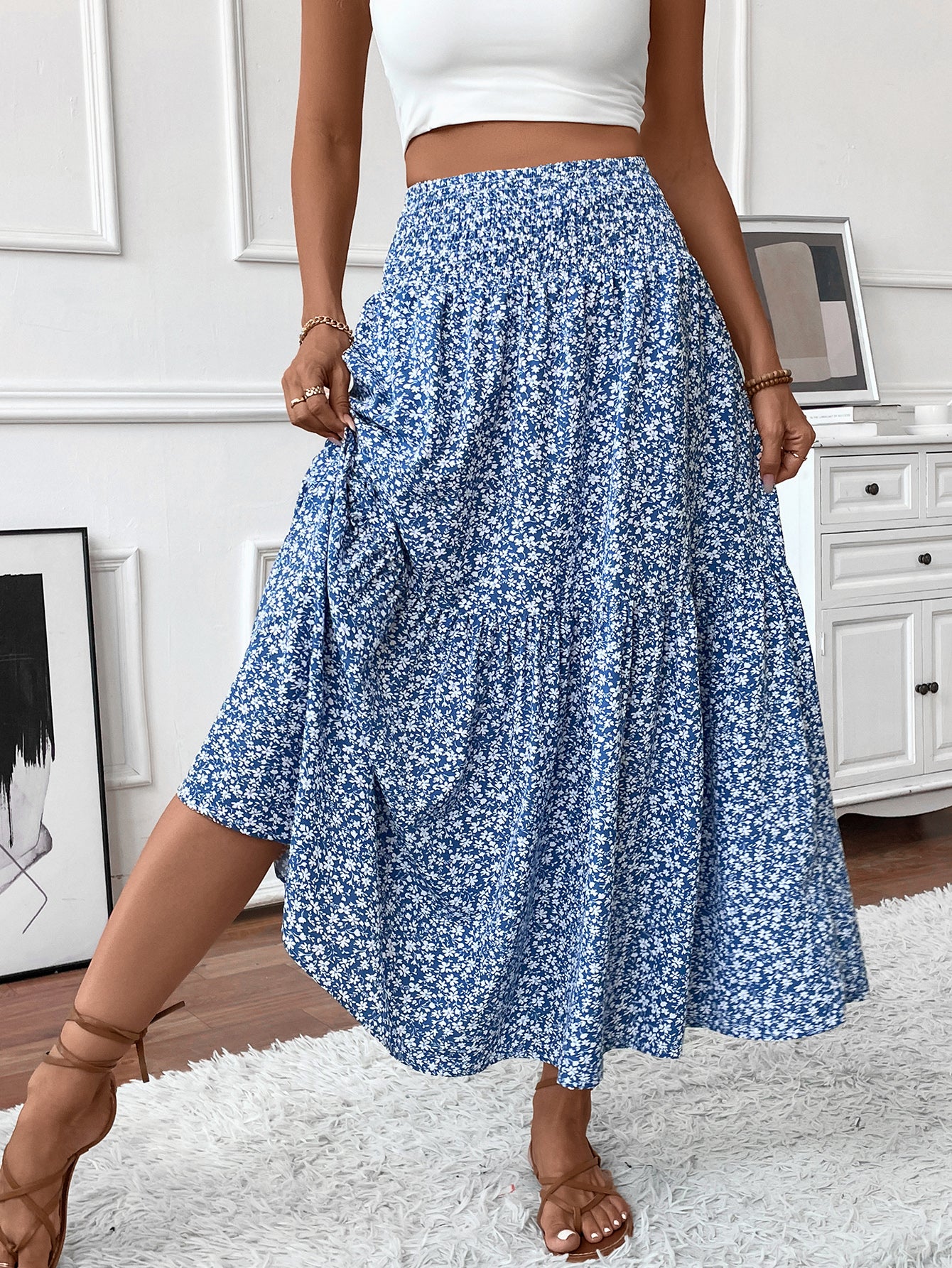 TEMOFON Womens Maxi Skirt Tiny Floral Casual Elastic Waist With Pockets Ruffled Hem Ladies Summer A-Line Long Skirts