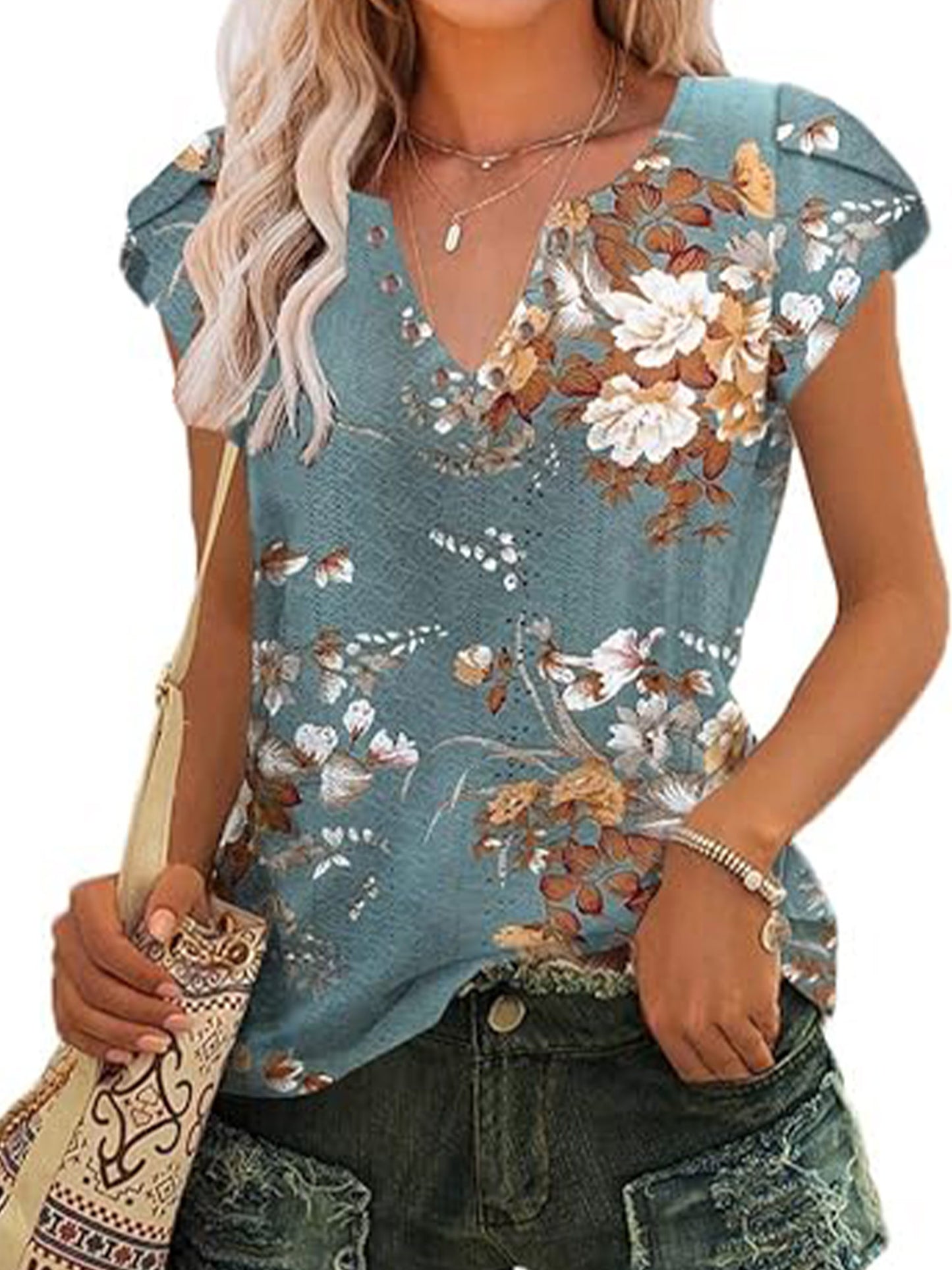 TEMOFON Blouses for Women Floral Print V Neck Ruffle Short Sleeve Shirts Casual Summer Tops for Womens Clothes Casual Loose T Shirts Fashion Eyelet Hollow Out Tee