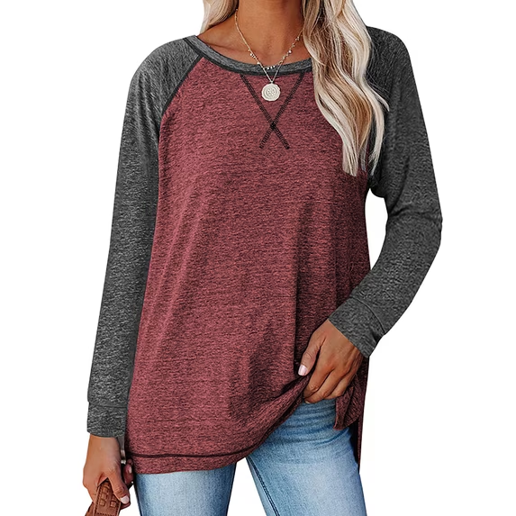 TEMOFON Long Sleeve Shirts for Women Fall Loose Tunic Tops Casual Crewneck Color Block Sweatshirts Raglan Blouses