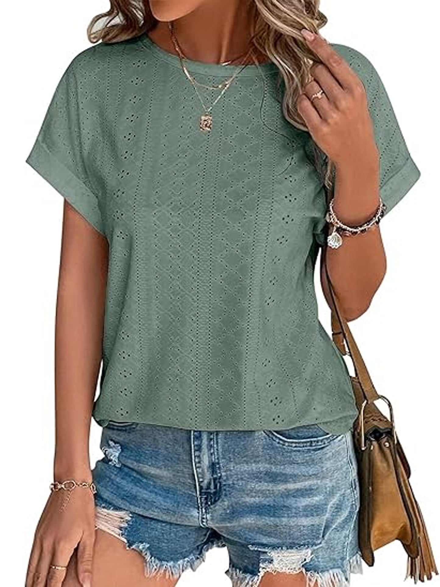 TEMOFON Blouses for Women Eyelet Embroidery Short Sleeve Tunic Tops Dressy Casual Summer Shirts Crewneck Trendy T Shirts for Womens Clothes Trendy Shirts