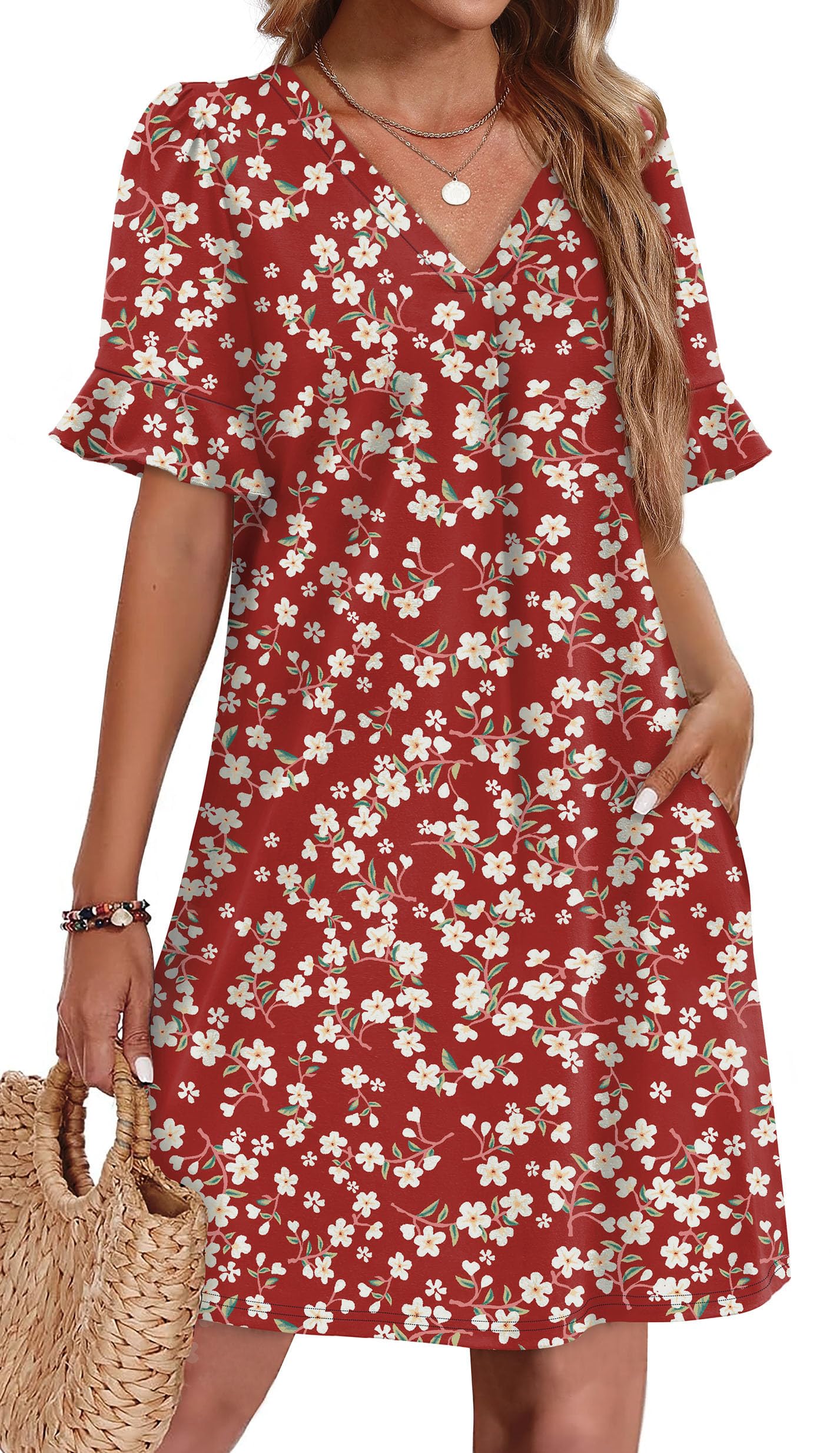 TEMOFON Summer Dresses for Women Ruffle Short Sleeve V Neck Casual T Shirts Dresses with Pockets Sundress
