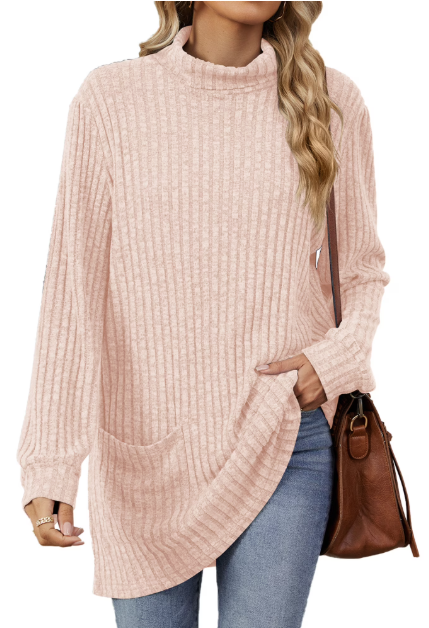 TEMOFON Womens Sweaters Long Sleeve Tunic Tops Casual Fall Turtleneck Soft Sweaters Comfy Shirts Loose Knit Pullover for Women Winter Clothes with Pocket