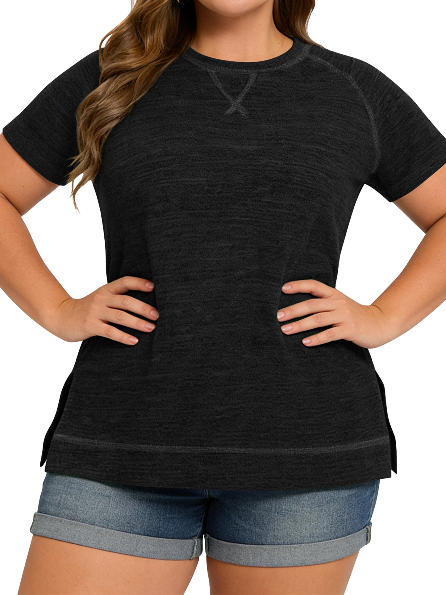 LANREMON Women Tops Plus Size Color Block Loose Summer Short Sleeve T Shirts Casual Crewneck Skyblue Baseball Tee Blouses Size