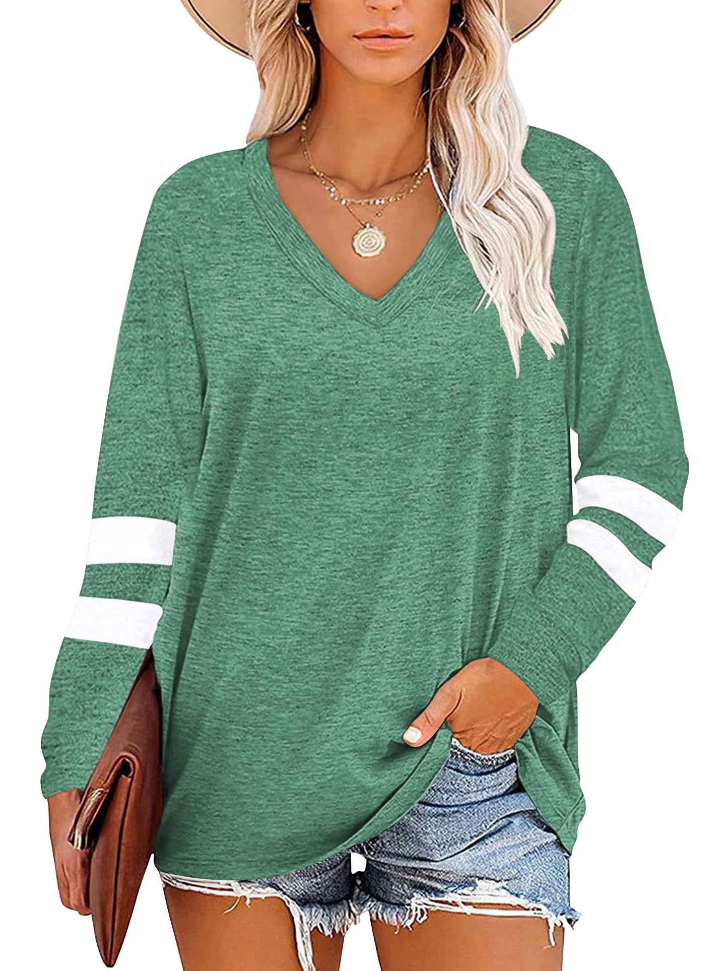 TEMOFON Womens Tops Dressy Casual Long Sleeve Shirts for Women Color Block V Neck Shirts Tunic Tops Loose Blouses T shirts Sweatshirts Pullover