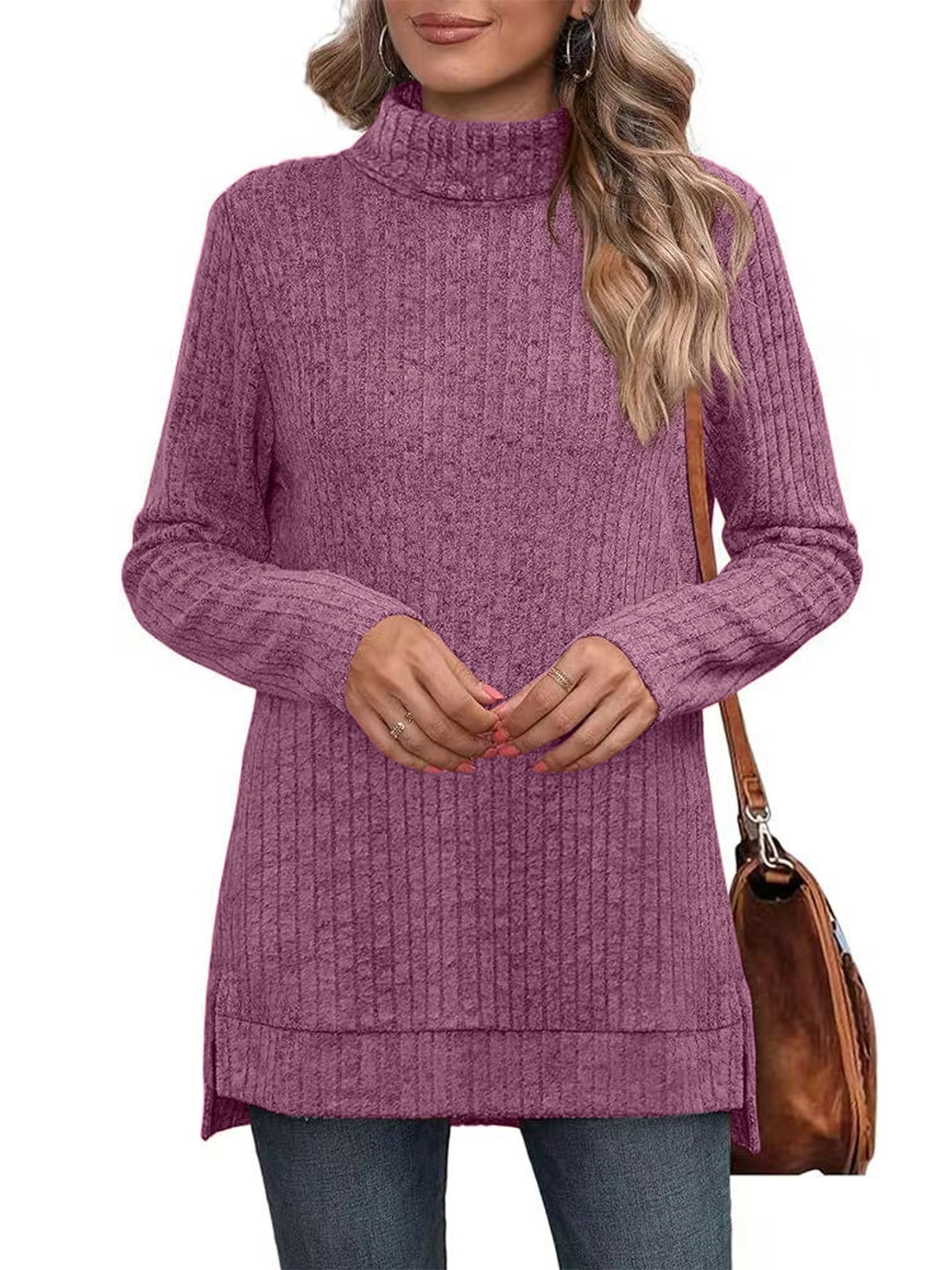 SHIBEVER Womens Sweaters Long Sleeve Fall Casual Tops Turtleneck Lightweight Soft Sweaters Side Split Fashion Pullover Loose Tunic Winter Clothes