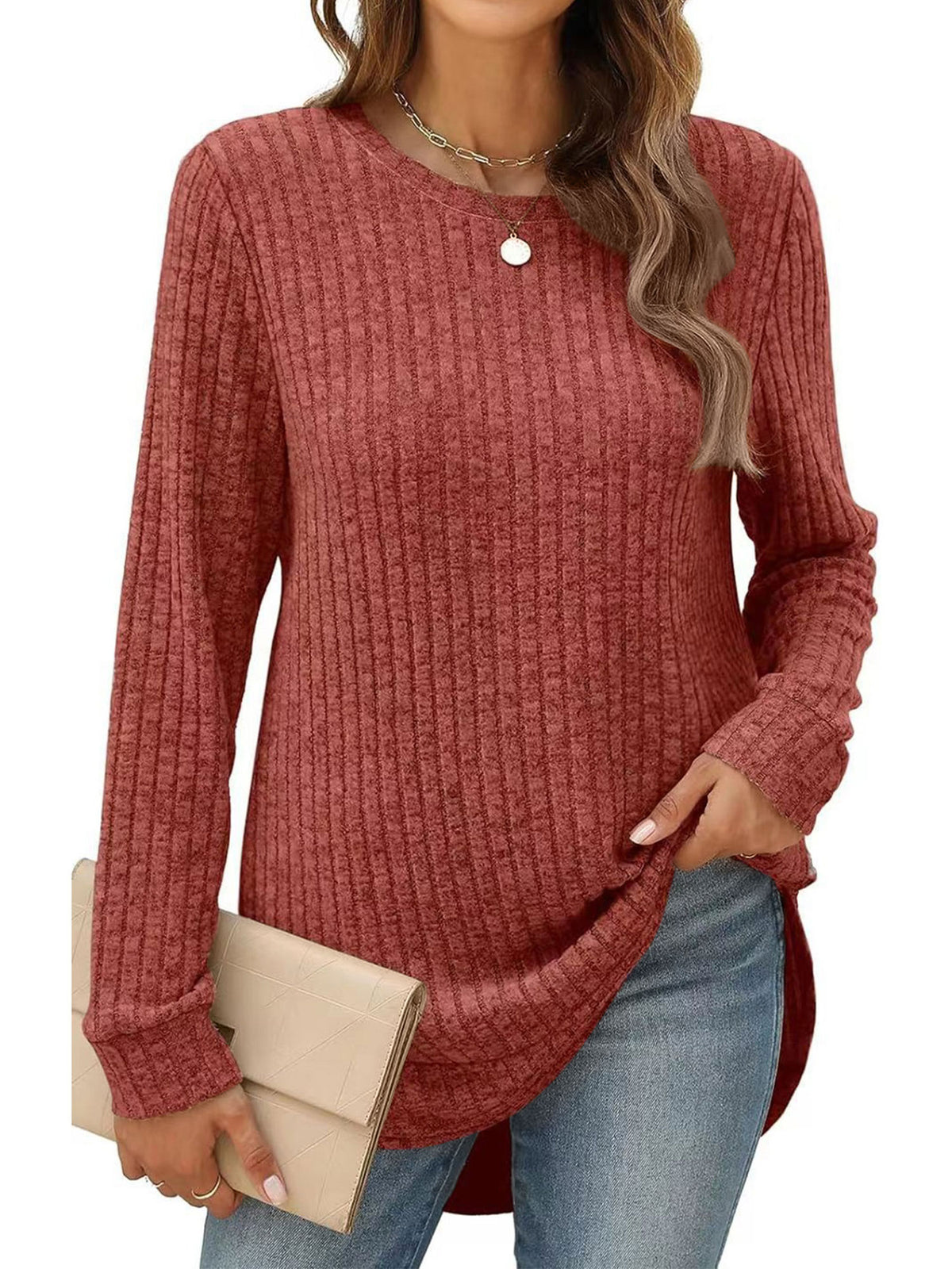 SHIBEVER Long Sleeve Tops for Women Casual Soft Sweaters Crewneck Side Spilt Shirts Winter Lightweight Sweaters for Women Shirts Dressy Pullover Sweatshirts