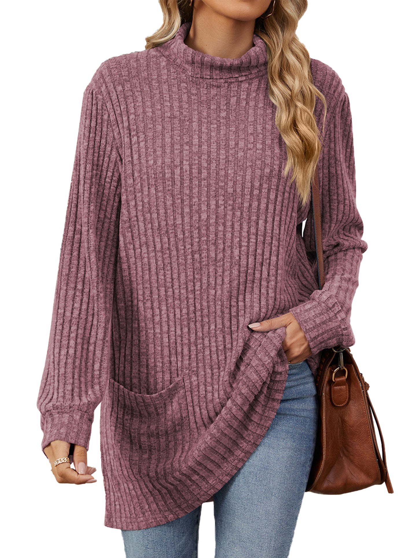 TEMOFON Long Sleeve Tops for Women Casual Turtleneck Soft Sweaters Fall Loose Knit Tunic Tops Fall Pullover Winter Clothes with Pocket