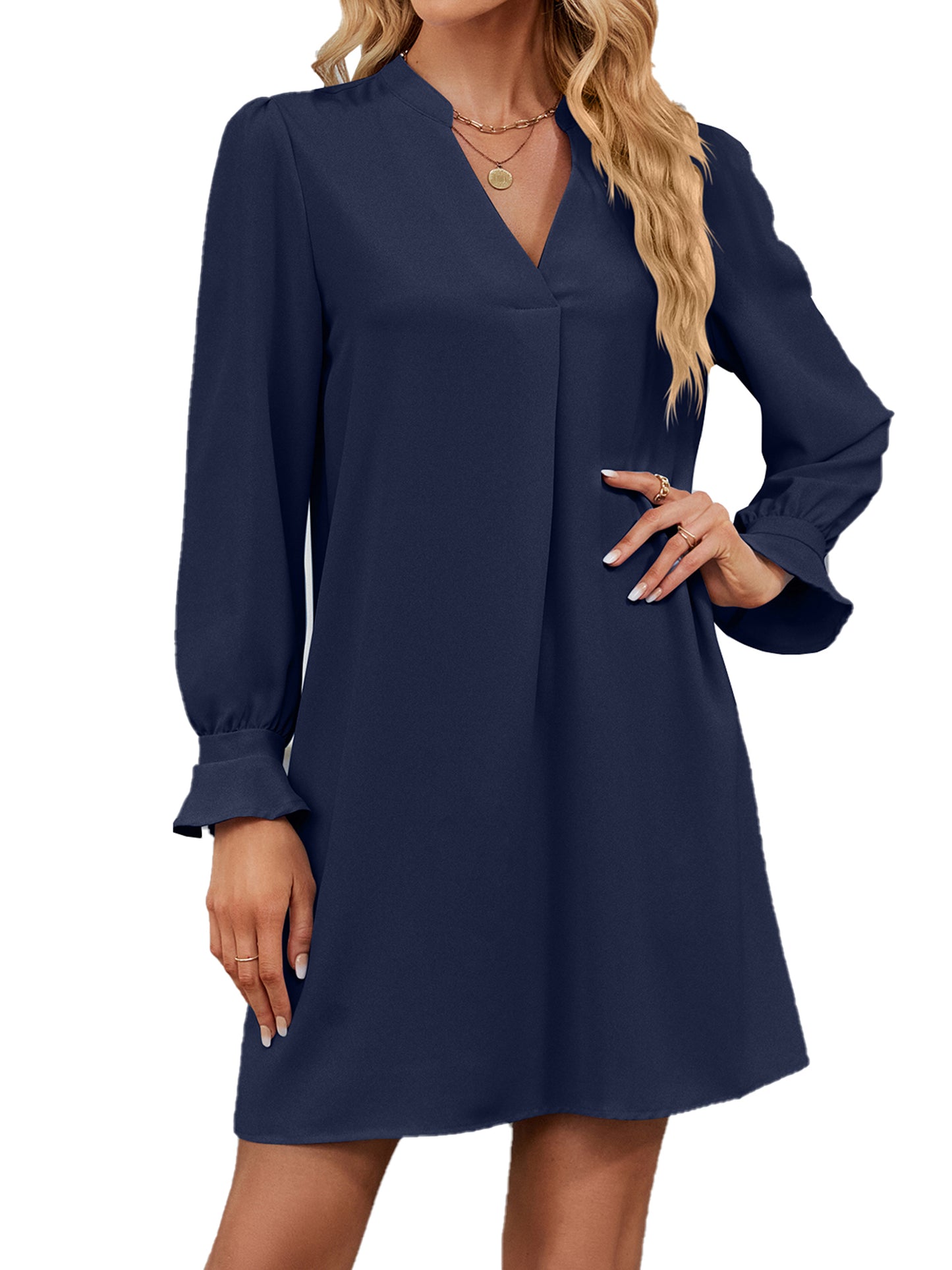 SHIBEVER Women Dresses Long Sleeve V Neck Shirt Dress Fashion Flare Cuff Solid Color Navyblue Mini Dress for Women