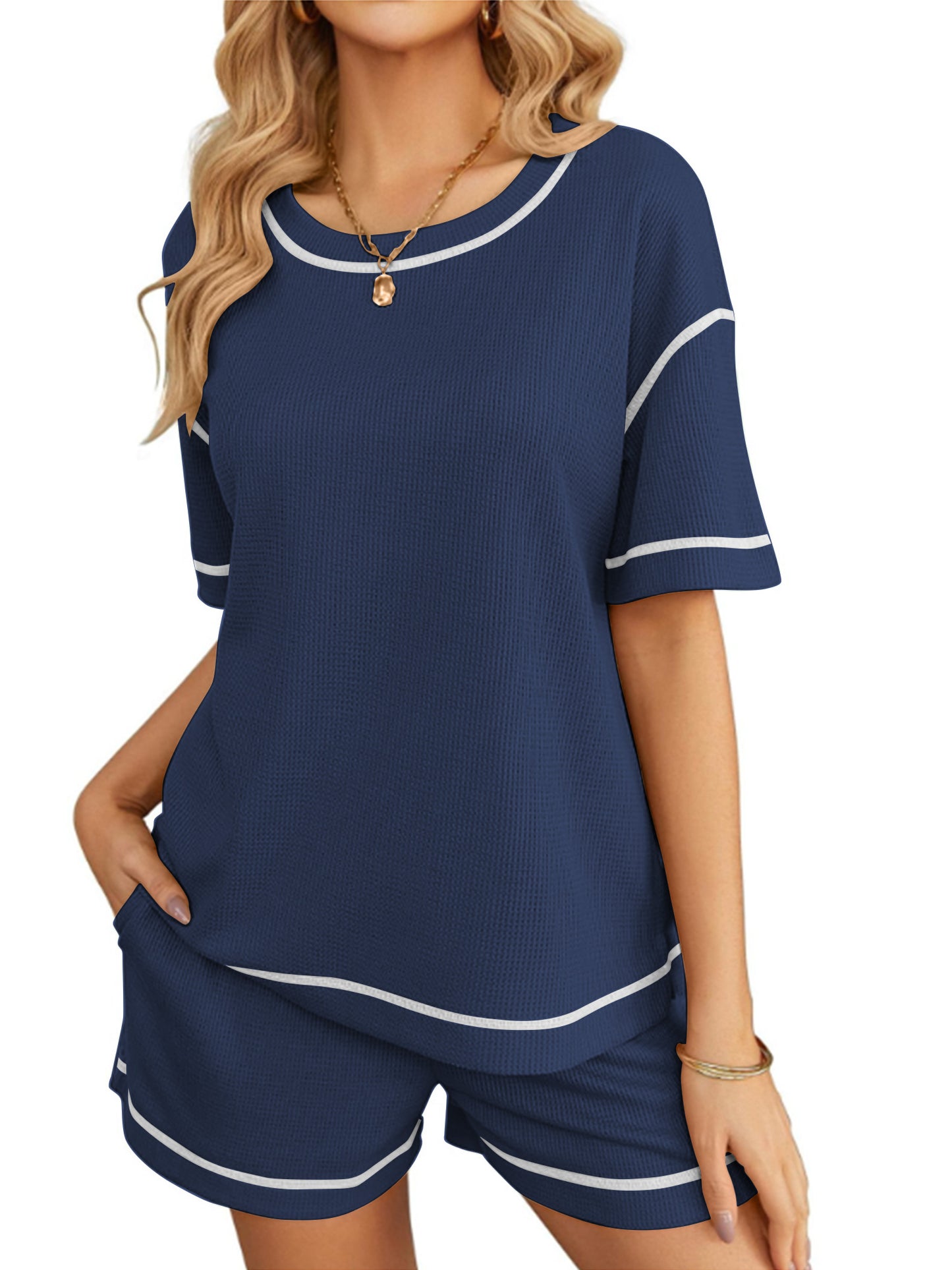 SHIBEVER 2 Piece Sets for Women Summer Casual Short Sleeve Top and Shorts Set Womens Lounge Sets Clothing Women Tops 2pcs Set Dark Blue