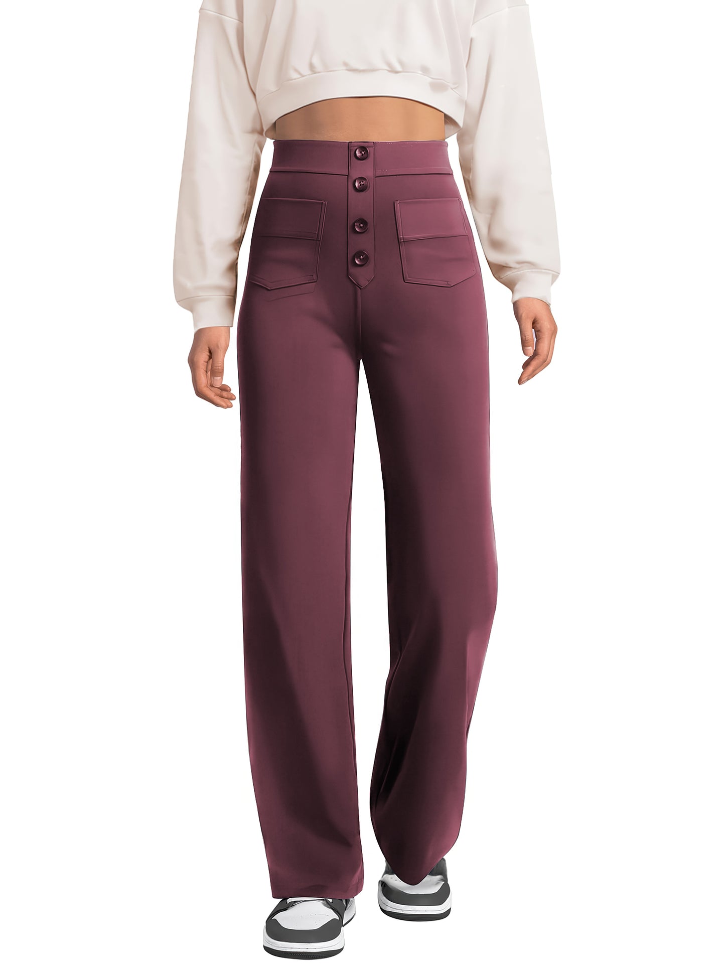 SWQZVT Womens Straight Leg Pants High Waisted Button Stretchy Business Work Casual Trousers Multiple Pockets Pants for Womens Clothes Elastic Waisted Slacks Casual