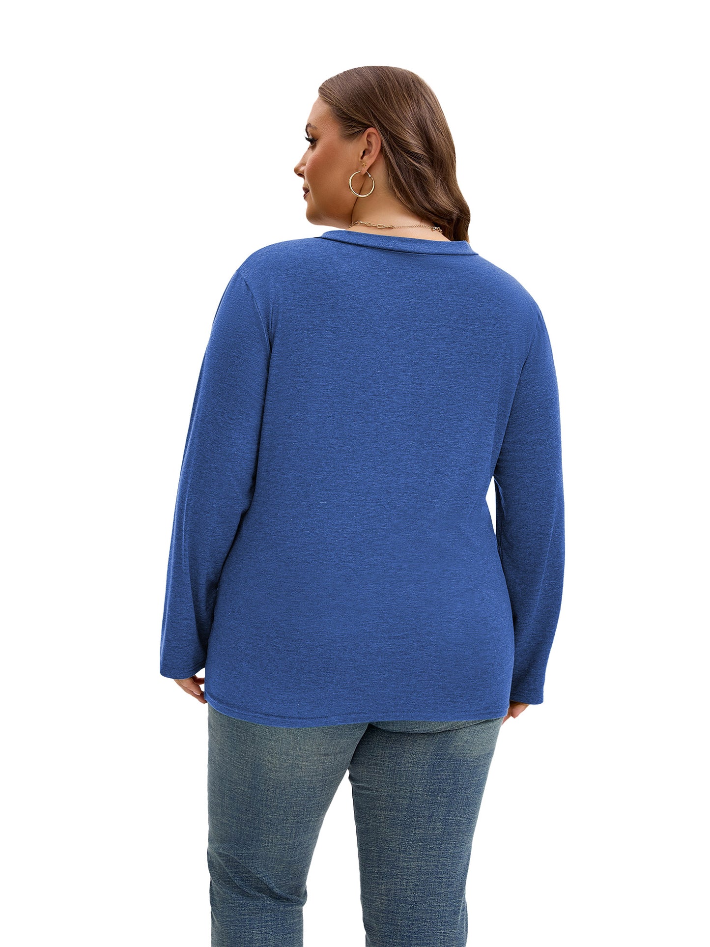 SHIBEVER Long Sleeve Shirts for Women Plus Size Womens Clothes Loose Fall Shirts V Neck Tops for Women with Button Cotton Top Winter Blue