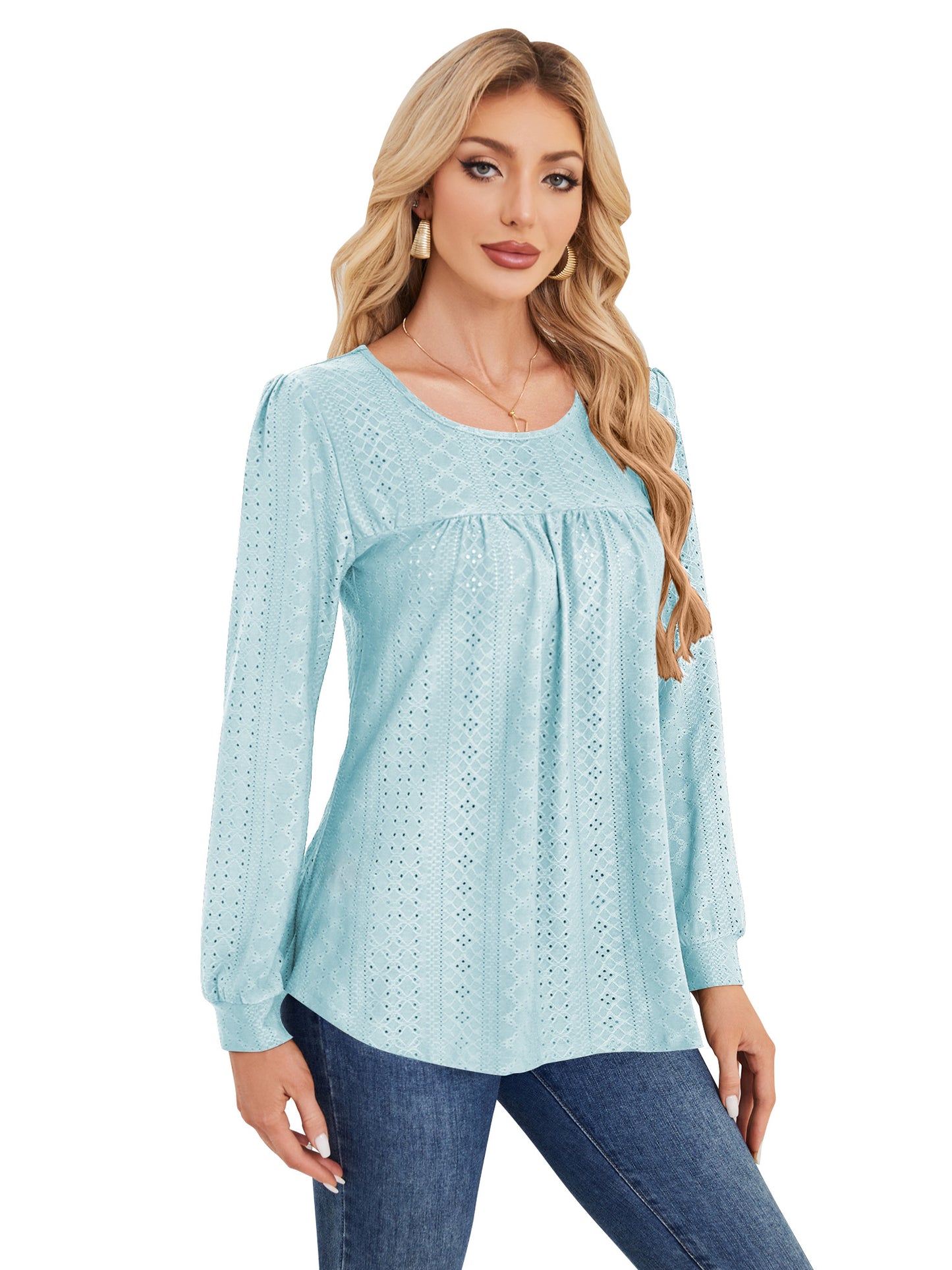 SWQZVT Long Sleeve Shirts for Women Fall Dressy Eyelet Blouses Tops Ladies 2025 Crew Neck Cute Casual Tee Shirts