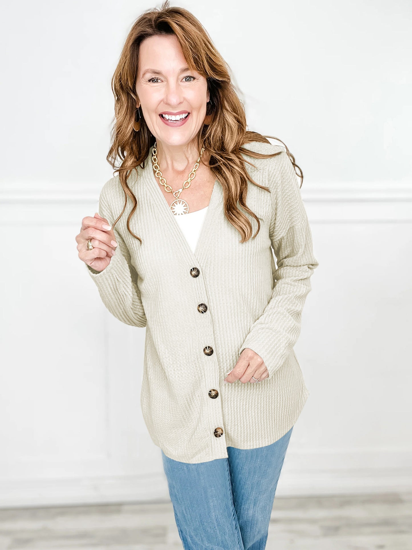 SHIBEVER Women Tops Buttons Down Long Sleeve Shirts for Women V Neck Waffle Knit Lightweight Ladies Cardigan for Women Fall Shirt Winter Clothes