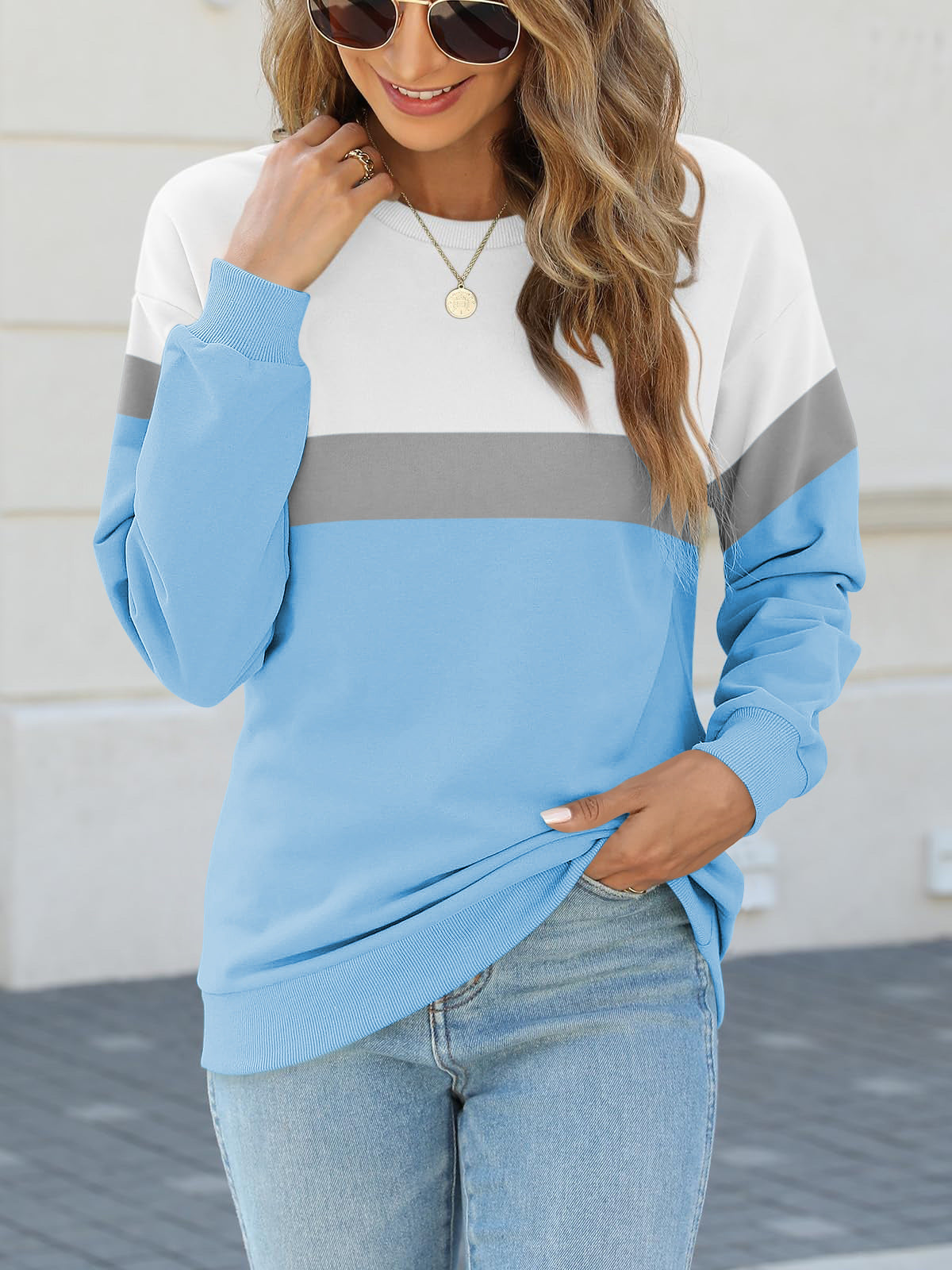 SHIBEVER Long Sleeve Shirts for Women Crew Neck Sweatshirts Womens Clothes Fall Shirts Casual Tops for Women Color Block Winter Sweat Shirts Blue