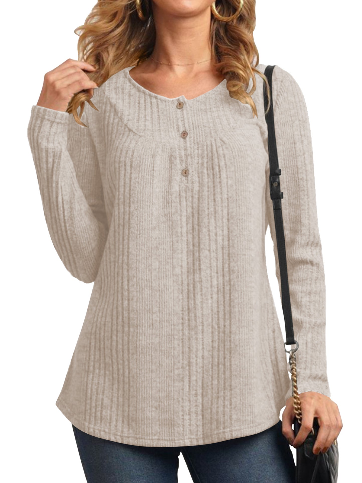 TEMOFON Womens Tops Fall Long Sleeve Button Henley Shirts Lightweight Casual Crew Neck Tunic Tops for Womens Winter Clothes