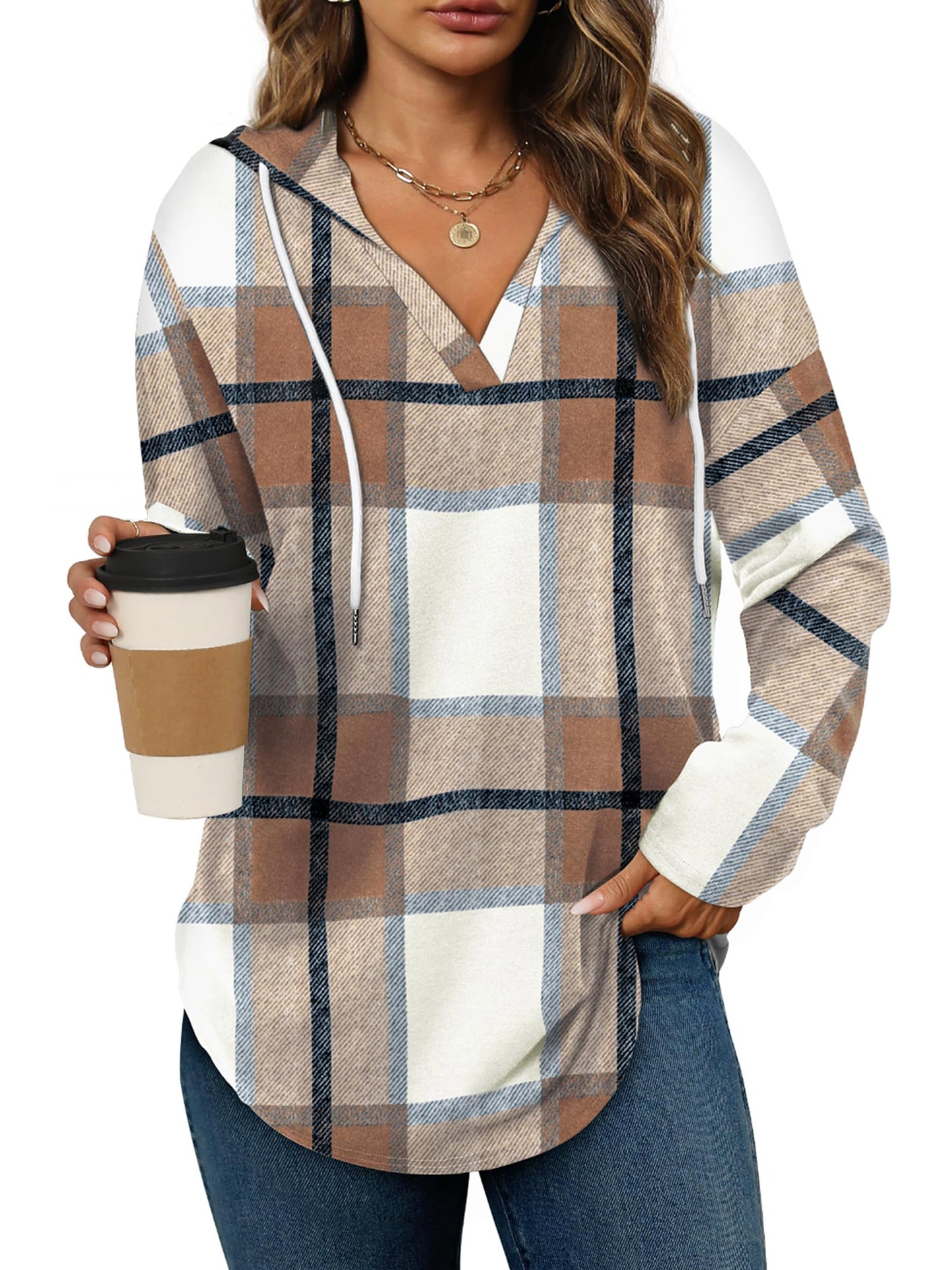 TEMOFON Women V Neck Plaid Hoodies Womens Fashion Tops Pullover Oversized Hoodies Long Sleeve Drawstring Hoodies Loose Fit