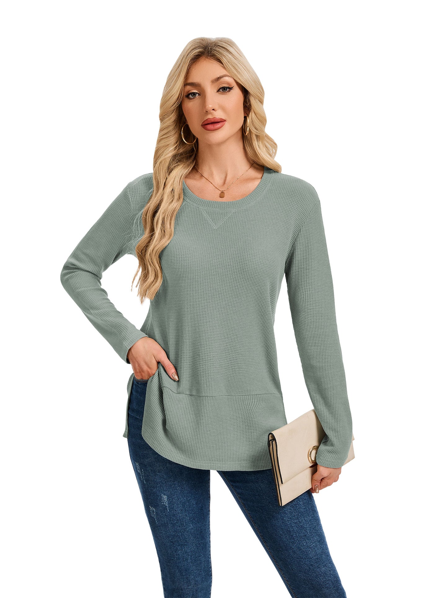 TEMOFON Womens Tops Long Sleeve Waffle Knit Side Slit Shirts for Women Crew Neck Casual Loose Fit Pullover Tunic Tops