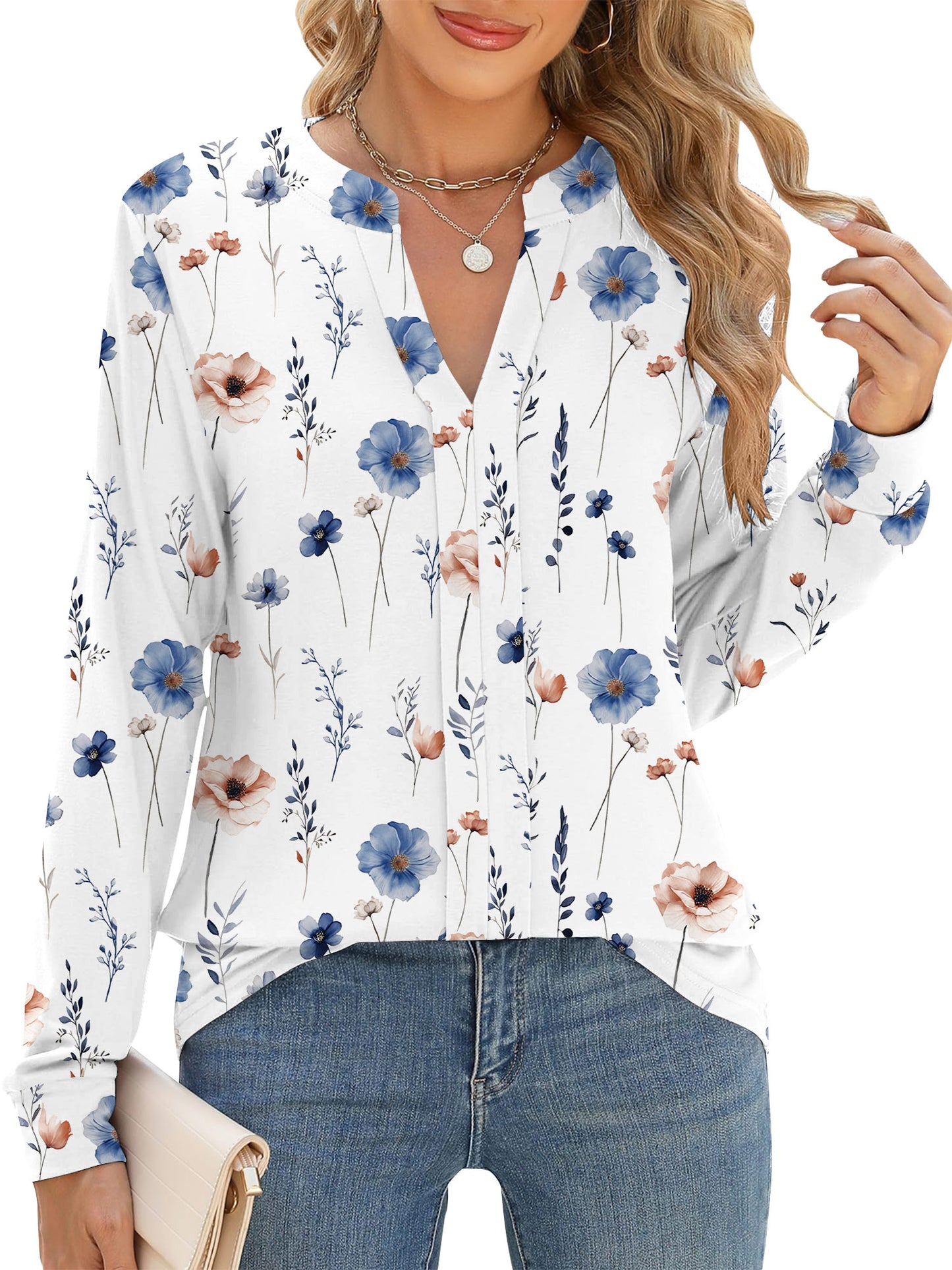 TEMOFON Women Tops Casual Business Split V Neck Floral Printed Pleated Blouses Loose Fit Fall Long Sleeve Work Shirts