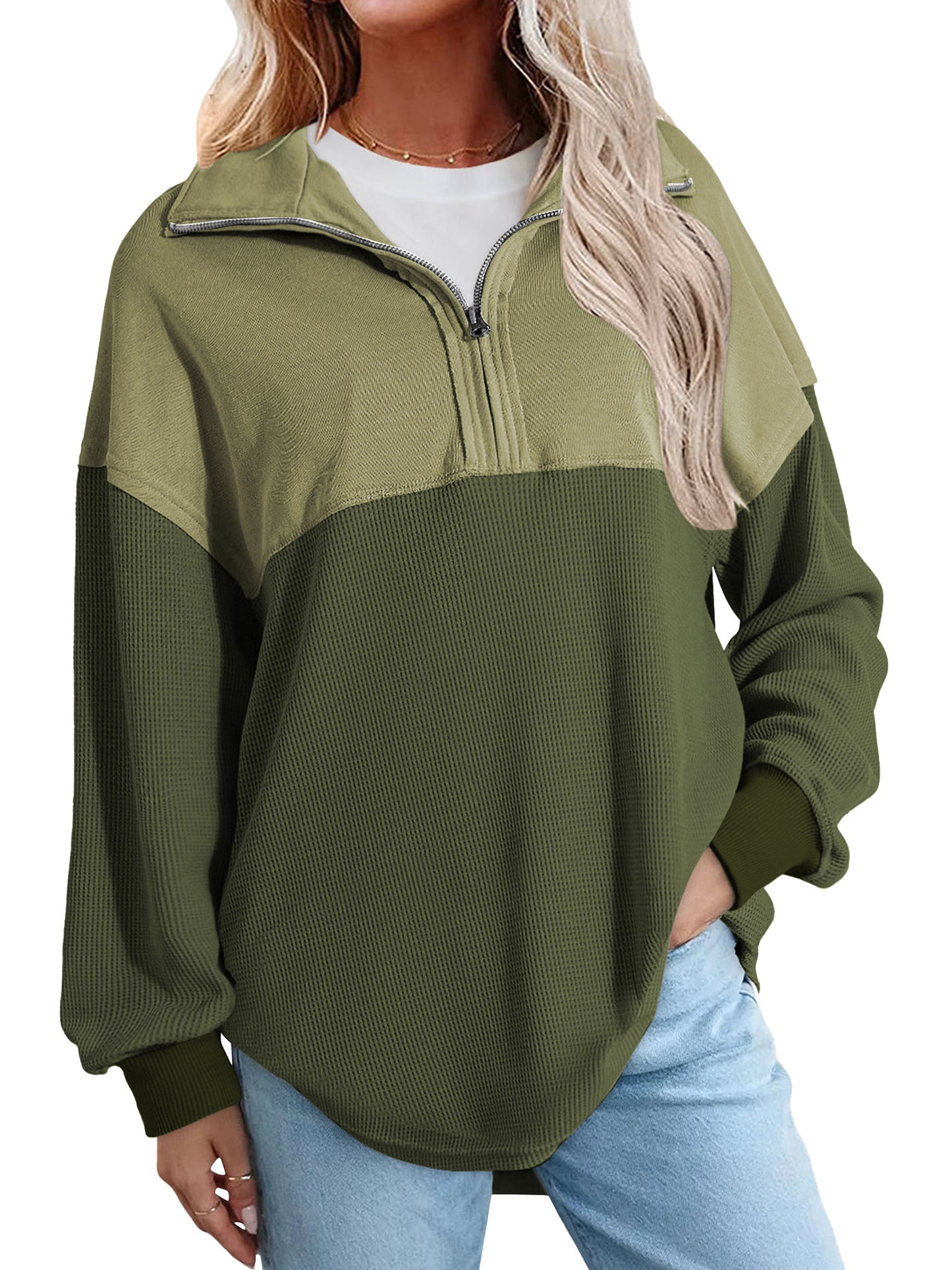 SWQZVT Womens Sweatshirts Waffle Knit Half Zip Pullover for Women Casual Long Sleeve Lightweight Loose Fit Fall Tops