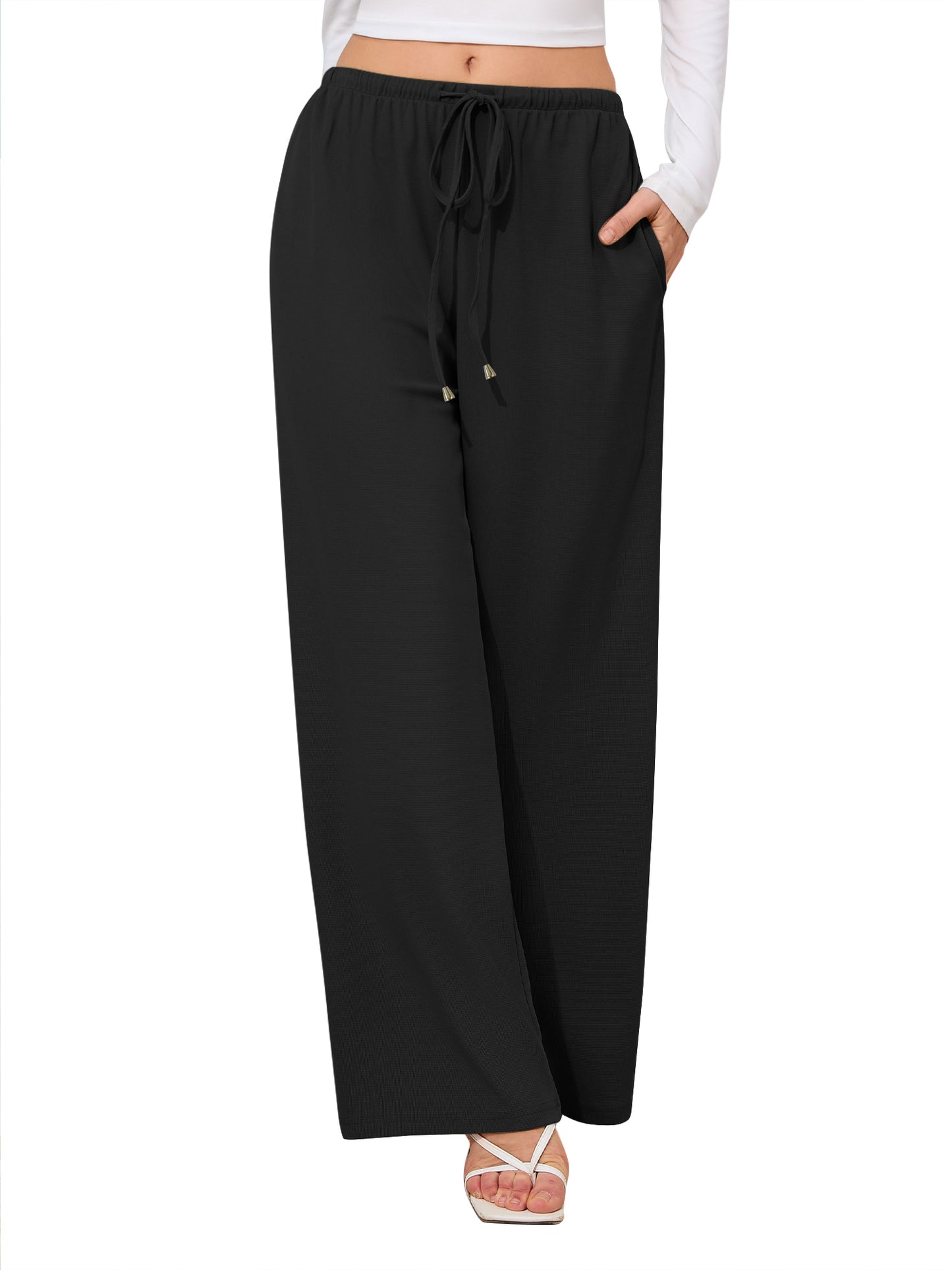 SWQZVT Womens Pants Waffle Wide Leg Casual Pants for Women Loose Drawstring Lounge Pants Ladies Knit Comfy Pant