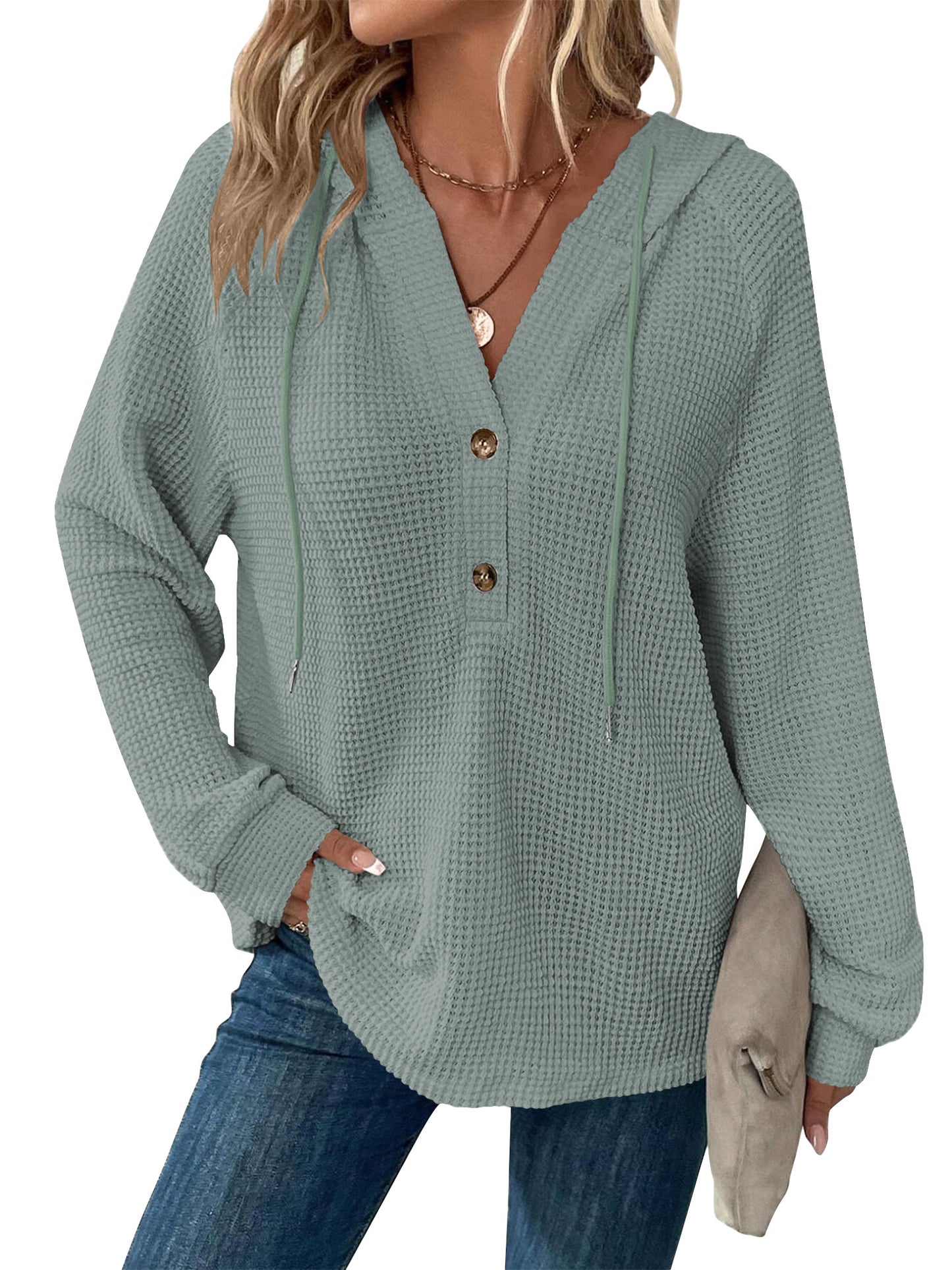 TEMOFON Hoodies for Women Long Sleeve Waffle Pullover Sweatshirts Casual V Neck Comfy Hoody Fall Ladies Trendy Button Tops