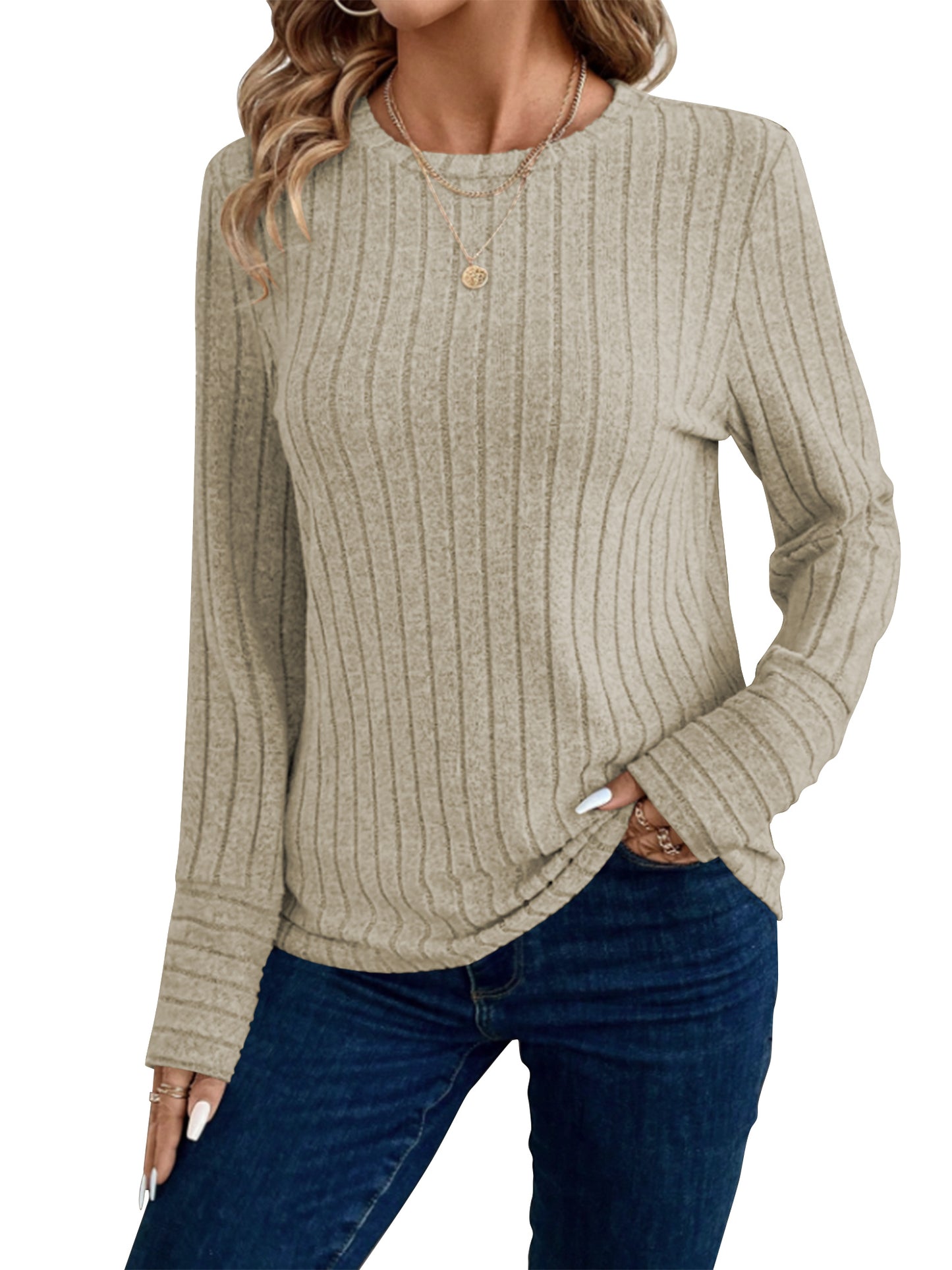 SHIBEVER Long Sleeve Shirts for Women Fall Tops for Womens Tops Lightweight Trendy Womens Fall Shirt Comfy Winter Clothes T Shirts Beige