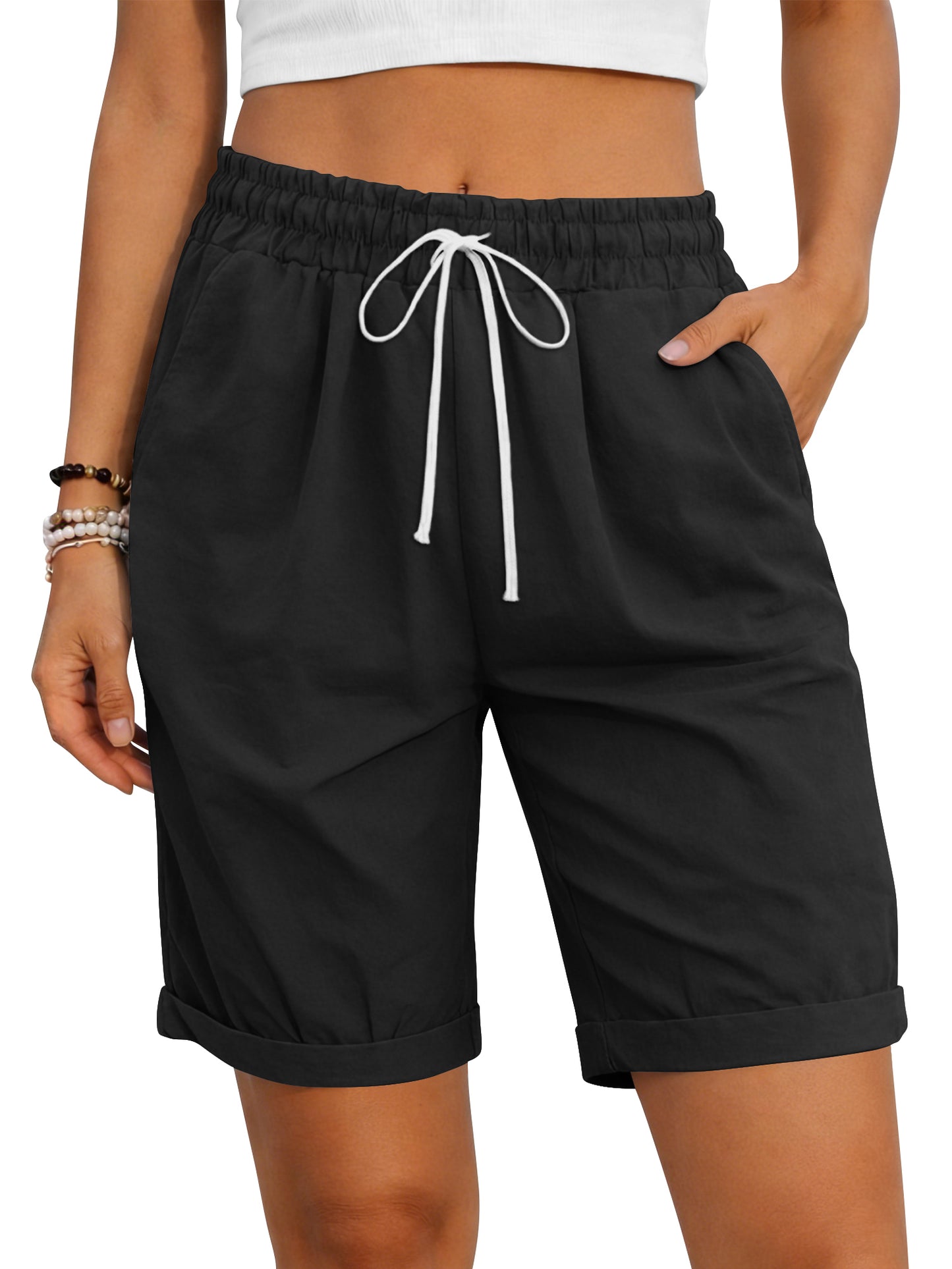 TEMOFON Womens Shorts Summer Casual Elastic Waist Drawstring Shorts with Pockets Knee Length Bermuda Shorts for Women