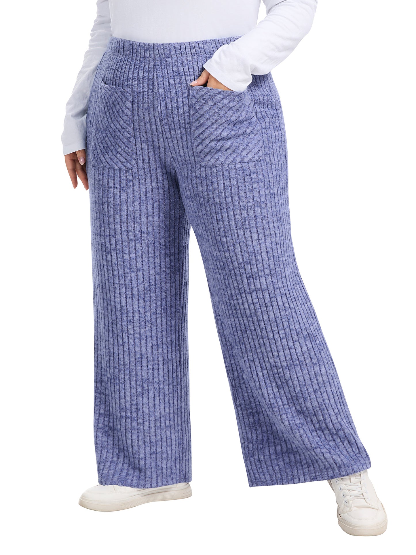 LANREMON Womens Plus Size Ribbed Loose Wide Leg Pants with Pockets Casual Lounge Pants High Waisted Palazzo Trousers