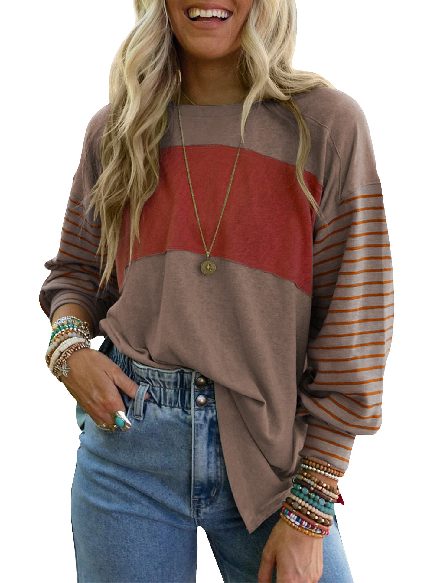 SWQZVT Long Sleeve Tops Oversized Round Crew Neck Casual Color Block Womens Shirts Blouses