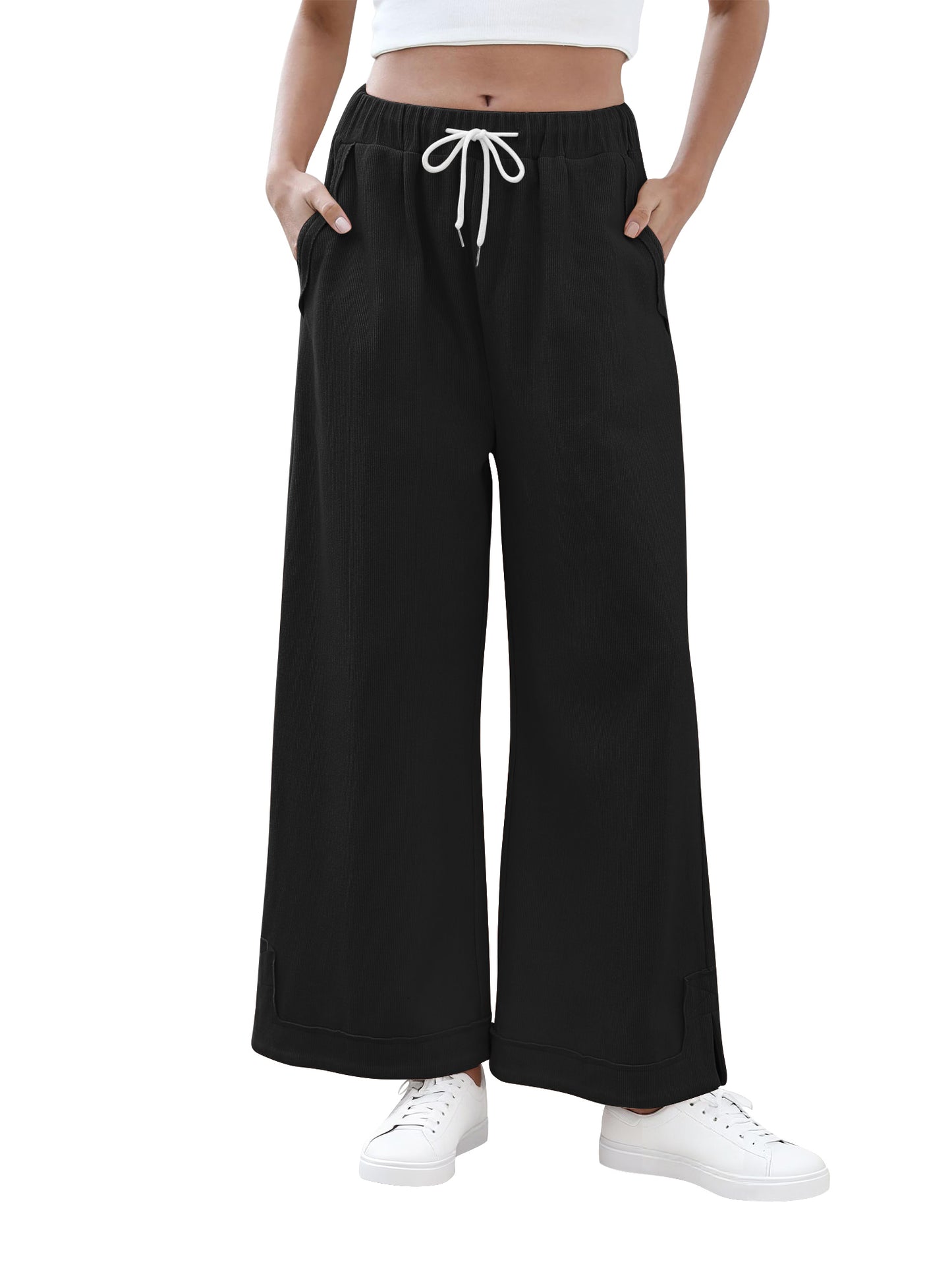 TEMOFON Womens Baggy Wide Leg Palazzo Pants Fall Casual Loose Drawstring Elastic Waisted Lounge Trousers with Pockets