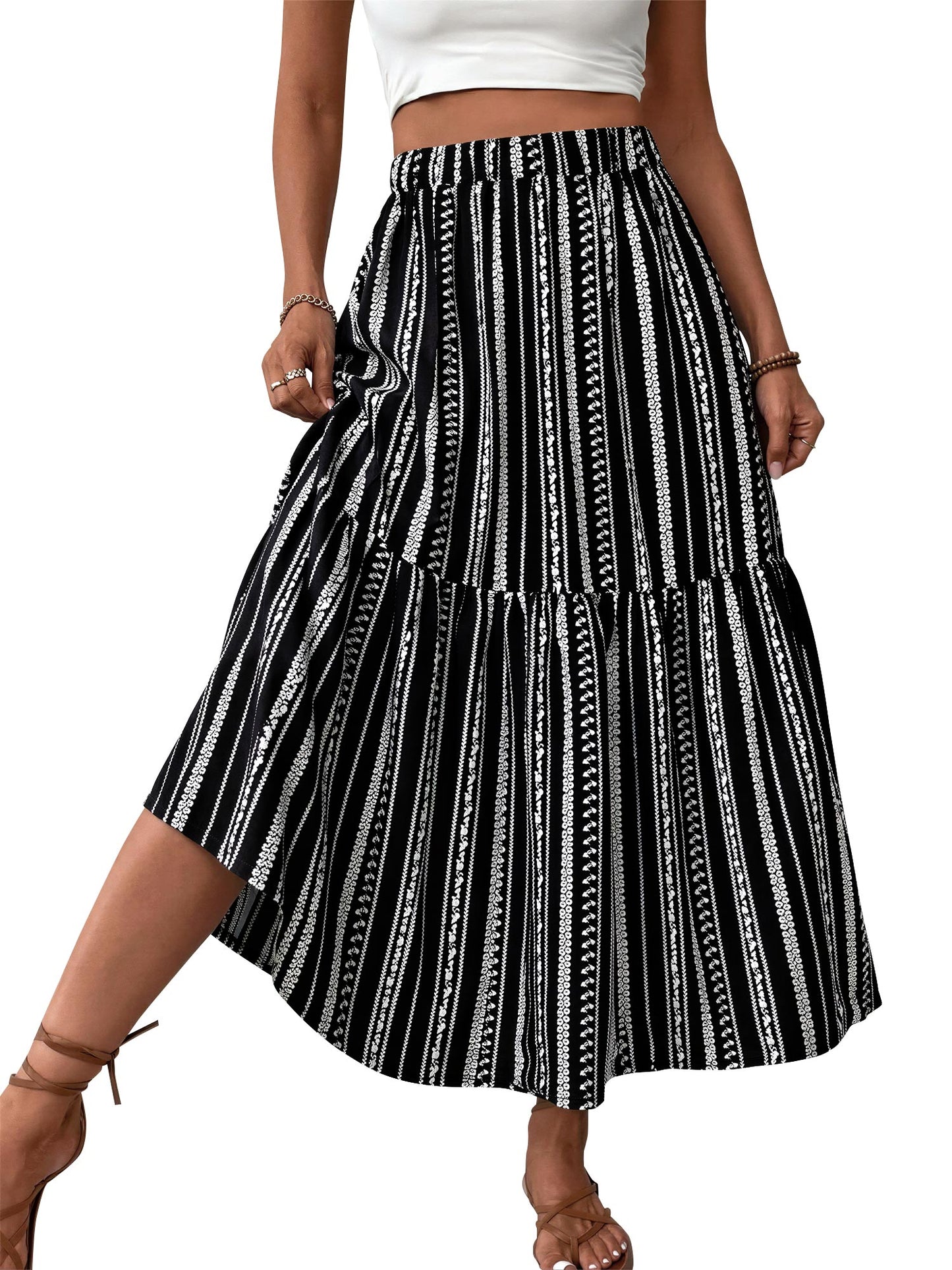 TEMOFON Womens Maxi Skirt Tiny Floral Casual Elastic Waist With Pockets Ruffled Hem Ladies Summer A-Line Long Skirts