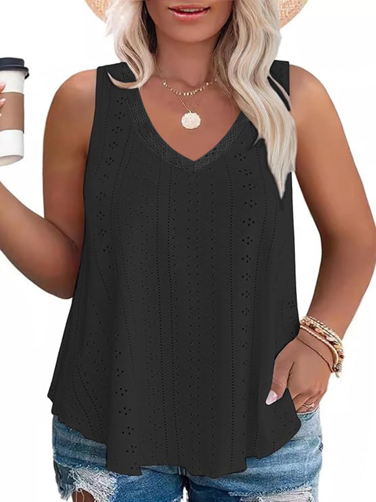 LANREMON Plus Size Tank Tops Womens Summer Tank Top for Women White Eyelet Embroidery Scoop Neck Loose Fit Sleeveless Tunic Tops