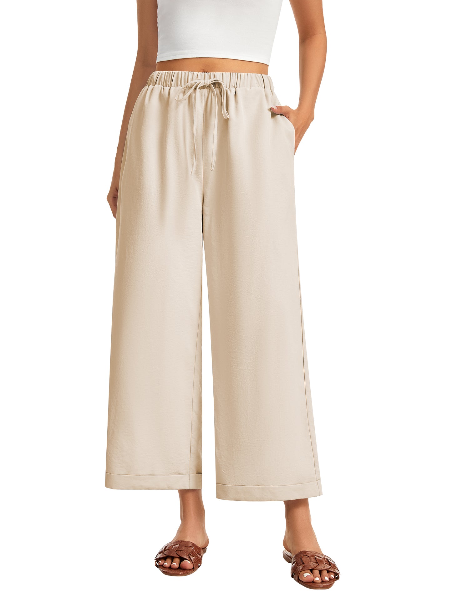 SWQZVT Women's Casual Wide Leg Pants Wide Leg Pants Drawstring Elastic Mid Waist Pants with Pockets Khaki