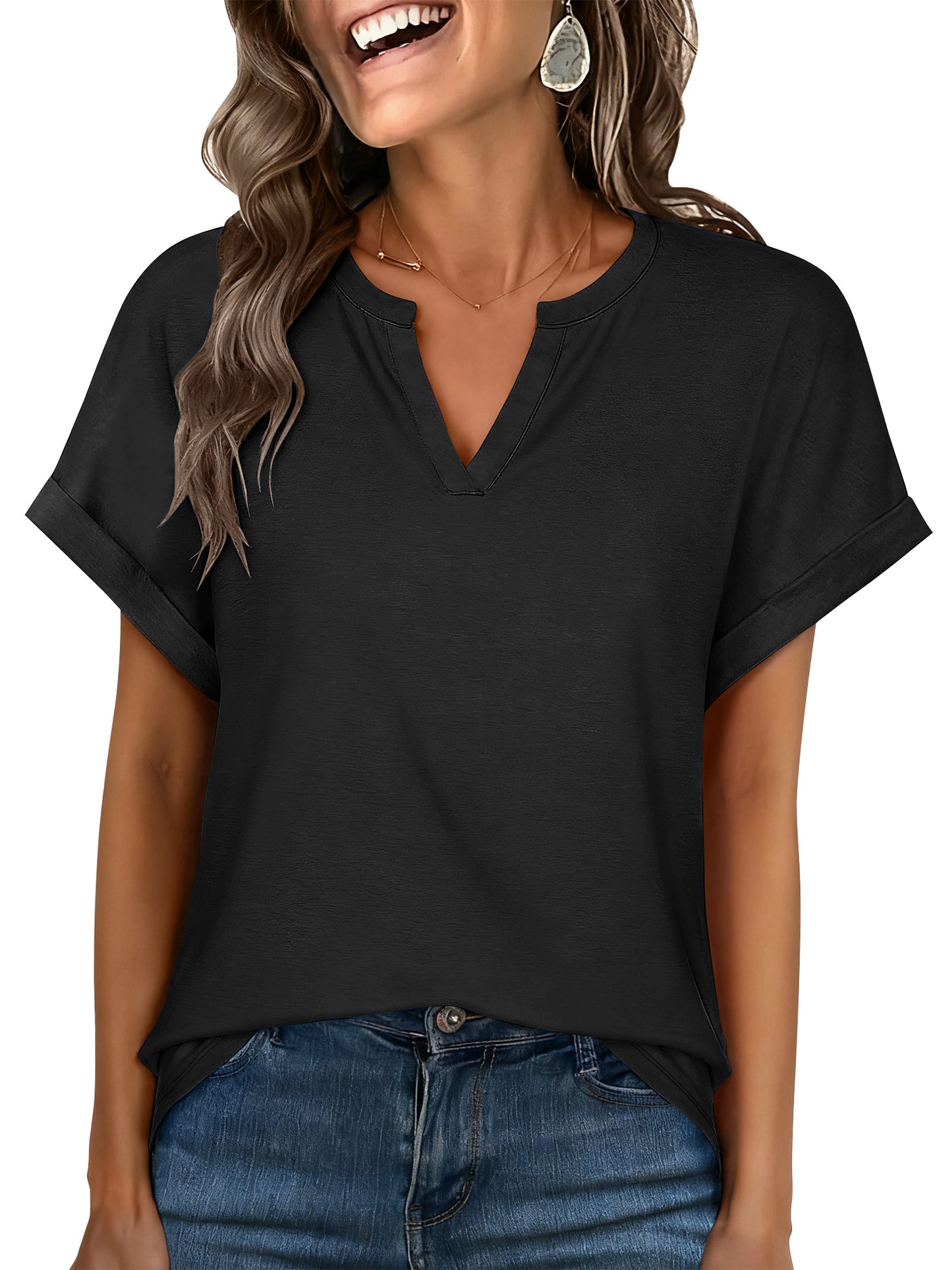 SWQZVT Womens Tops T Shirts for Summer Clothes Short Sleeve Ladies V Neck Blouses Tee Solid Clothing Pullover