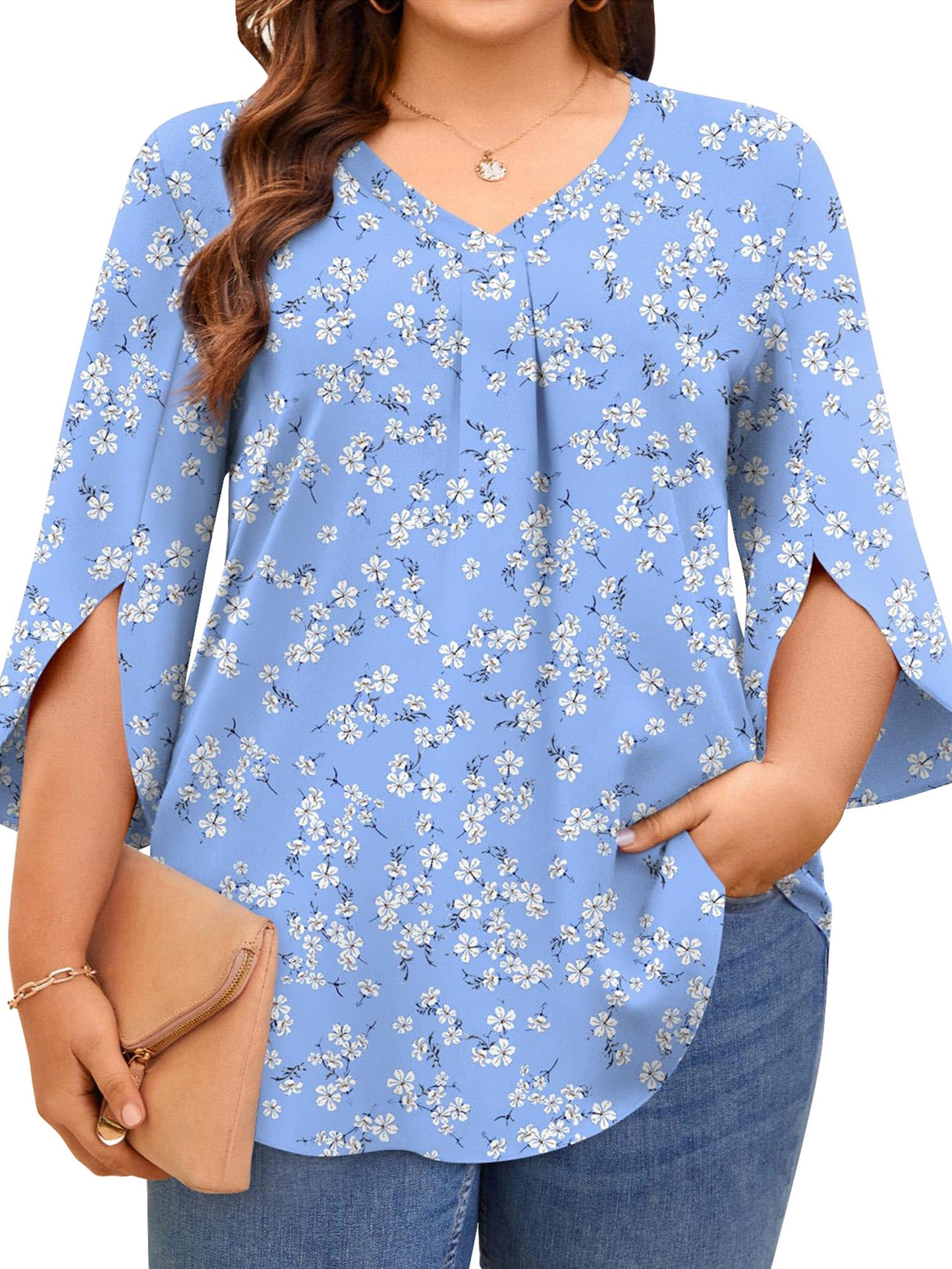 TEMOFON Womens Plus Size Tops Summer V Neck 3/4 Sleeve Blouses Casual Loose Tunic Tops Flowy Business Dressy Blouses