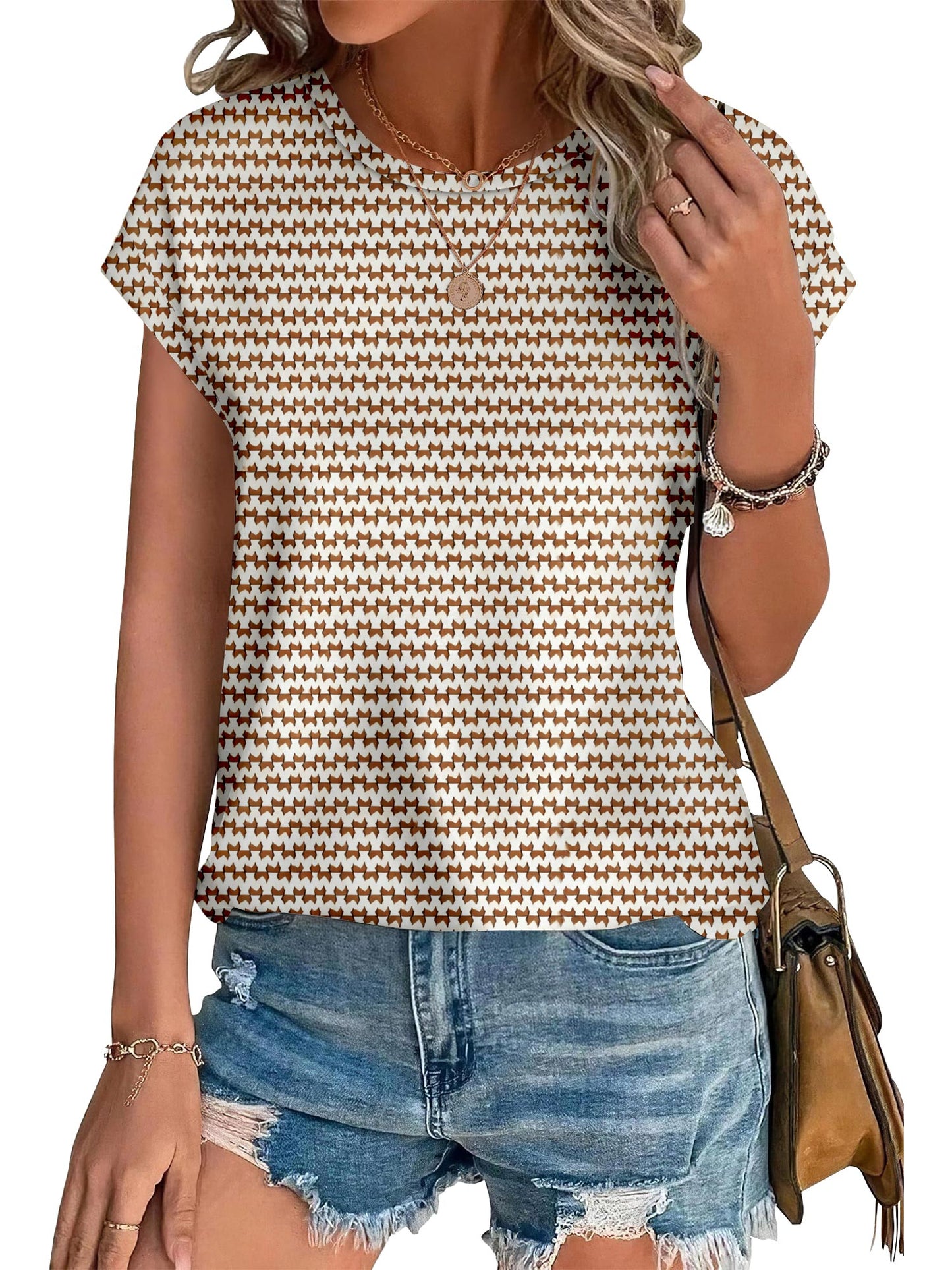 TEMOFON Womens Tops Short Sleeve Shirts Blouses for Women Summer Dressy Casual Cap Sleeve Tops with Curved Hem