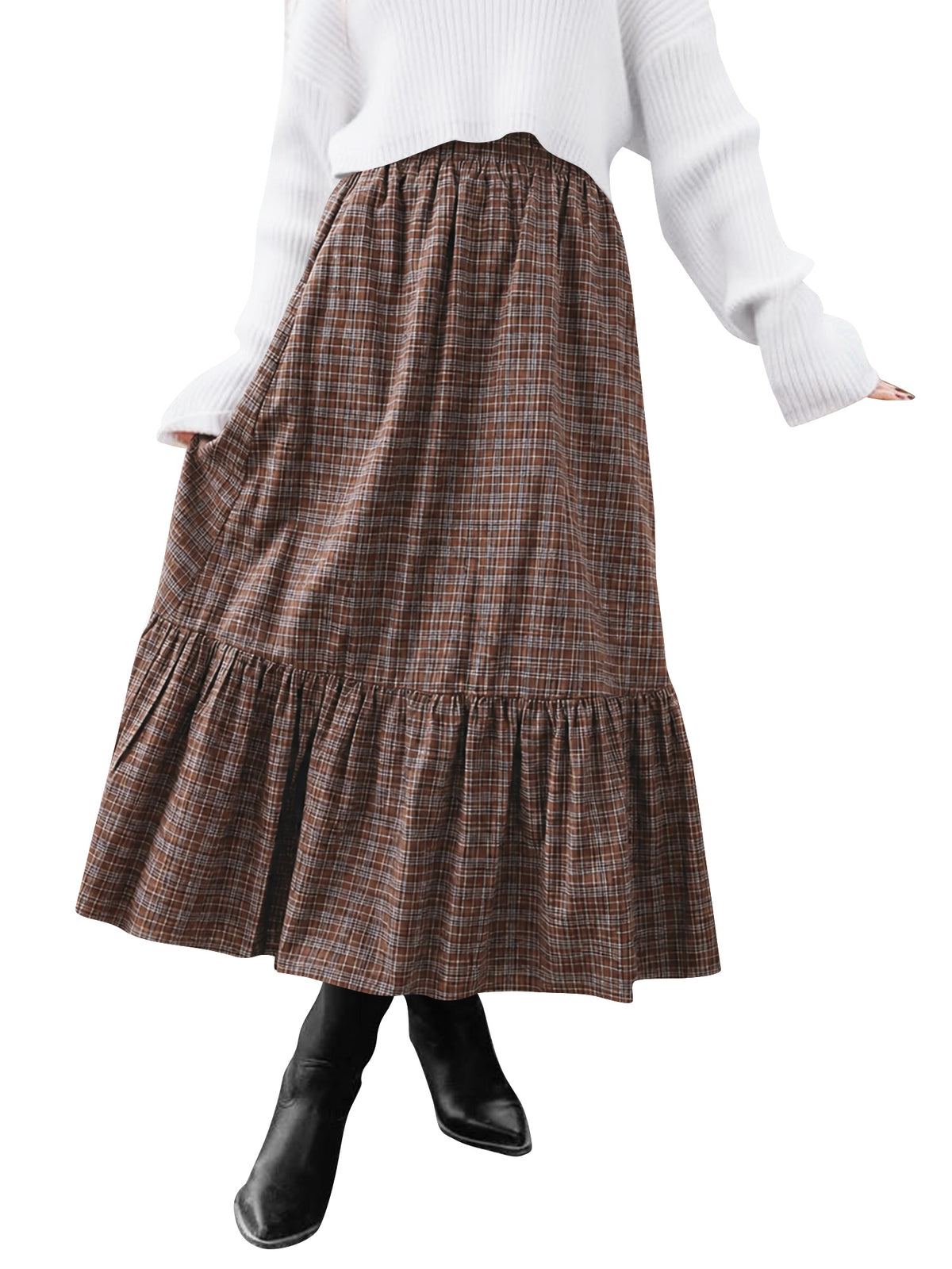 TEMOFON Womens Skirts Midi Plaid Maxi Skirts for Women Elastic High Waist with Pockets A Line for Fall Tartan Clothes Flowy