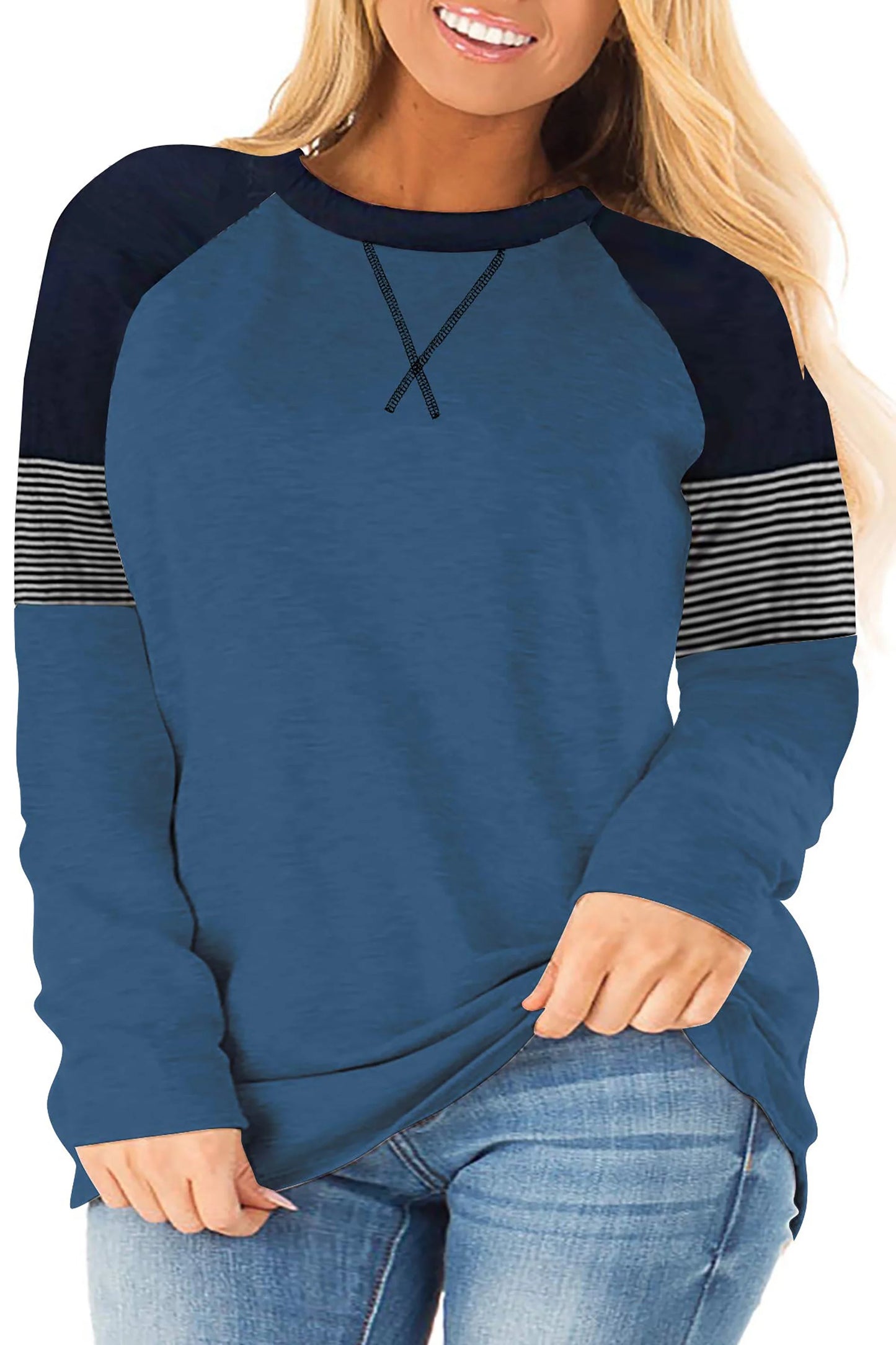 LANREMON Fall Casual Crew Neck Oversized T Shirts for Women Cute Striped Long Sleeve Plus Size Tunic Tops Blouse