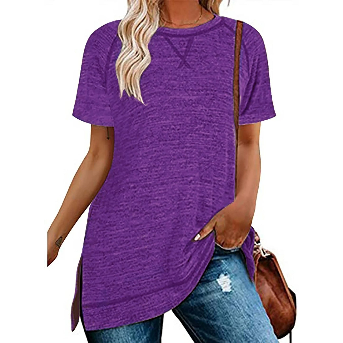 SHIBEVER Summer Short Sleeve T Shirts for Women Plus Size Casual Loose Side Split Tunic Tops Comfortable Crew Neck Tops