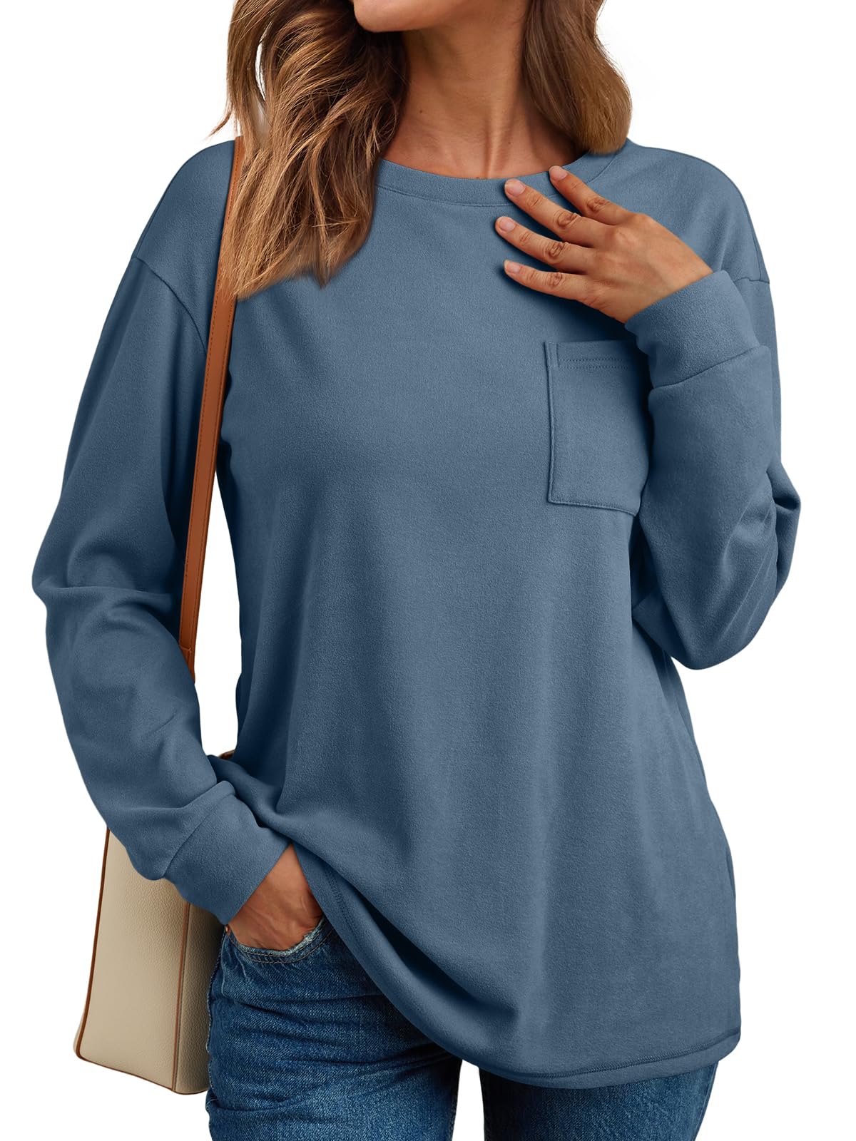 SHIBEVER Long Sleeve Shirts for Women Fall Womens Tops Crew Neck Shirts for Women with Pocket Pullover Basic Winter Clothes Trendy Blue