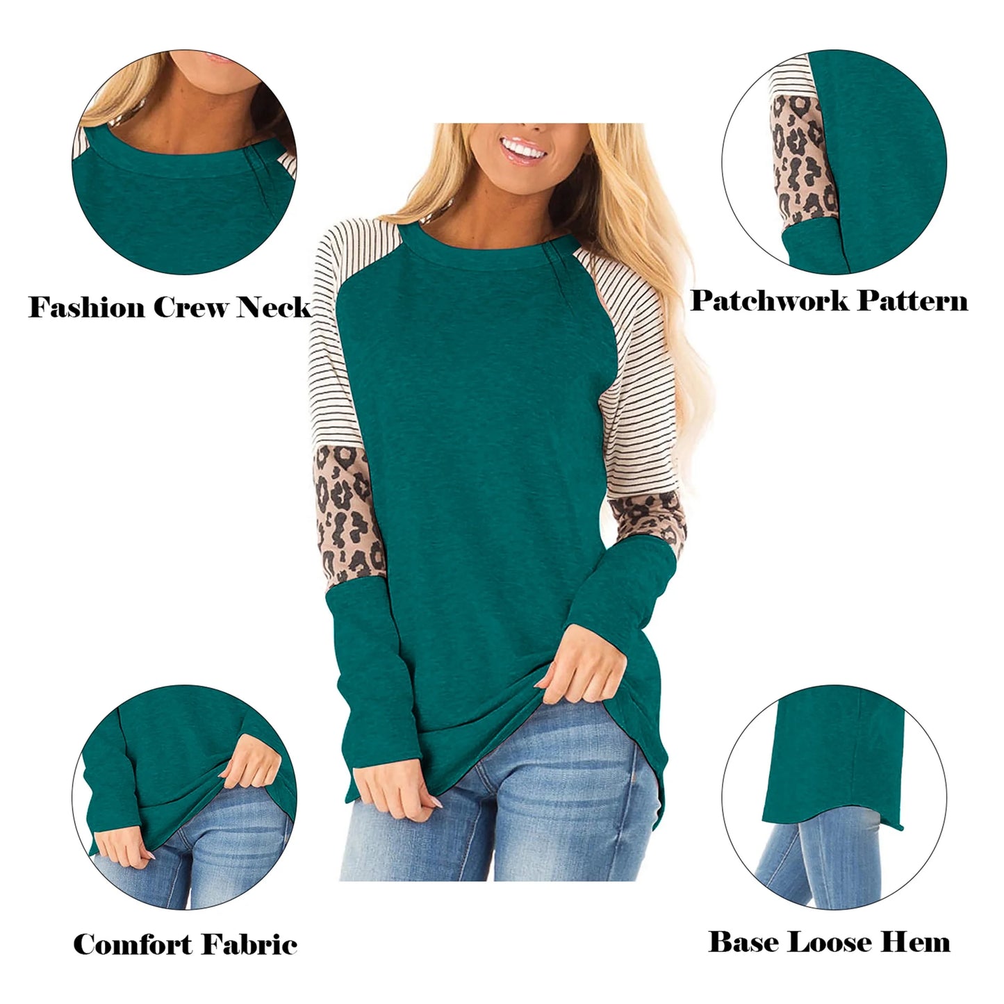SHIBEVER Women's Long Sleeve Tops Round Neck T-Shirts for Women Fall Fashion Leopard Print Tops Casual Workout Loose Tunics Tops