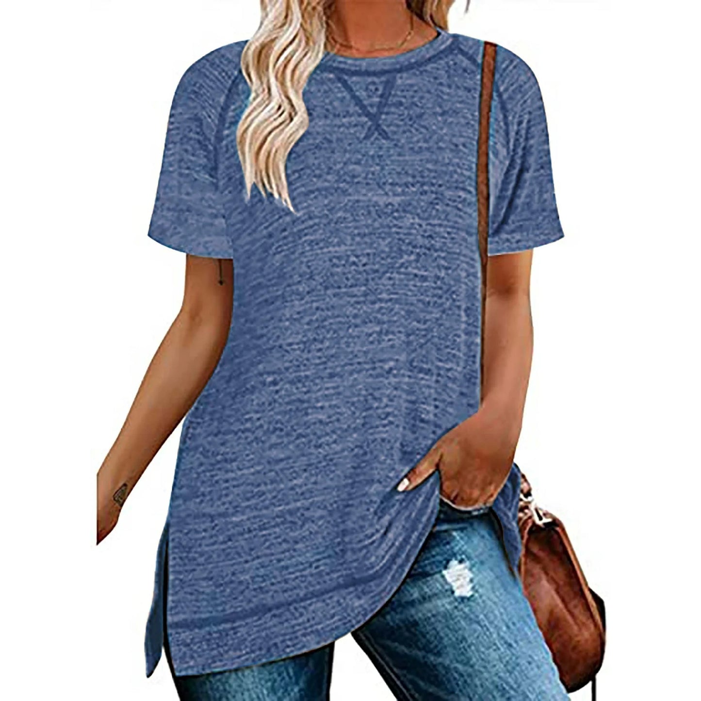 SHIBEVER Summer Short Sleeve T Shirts for Women Plus Size Casual Loose Side Split Tunic Tops Comfortable Crew Neck Tops