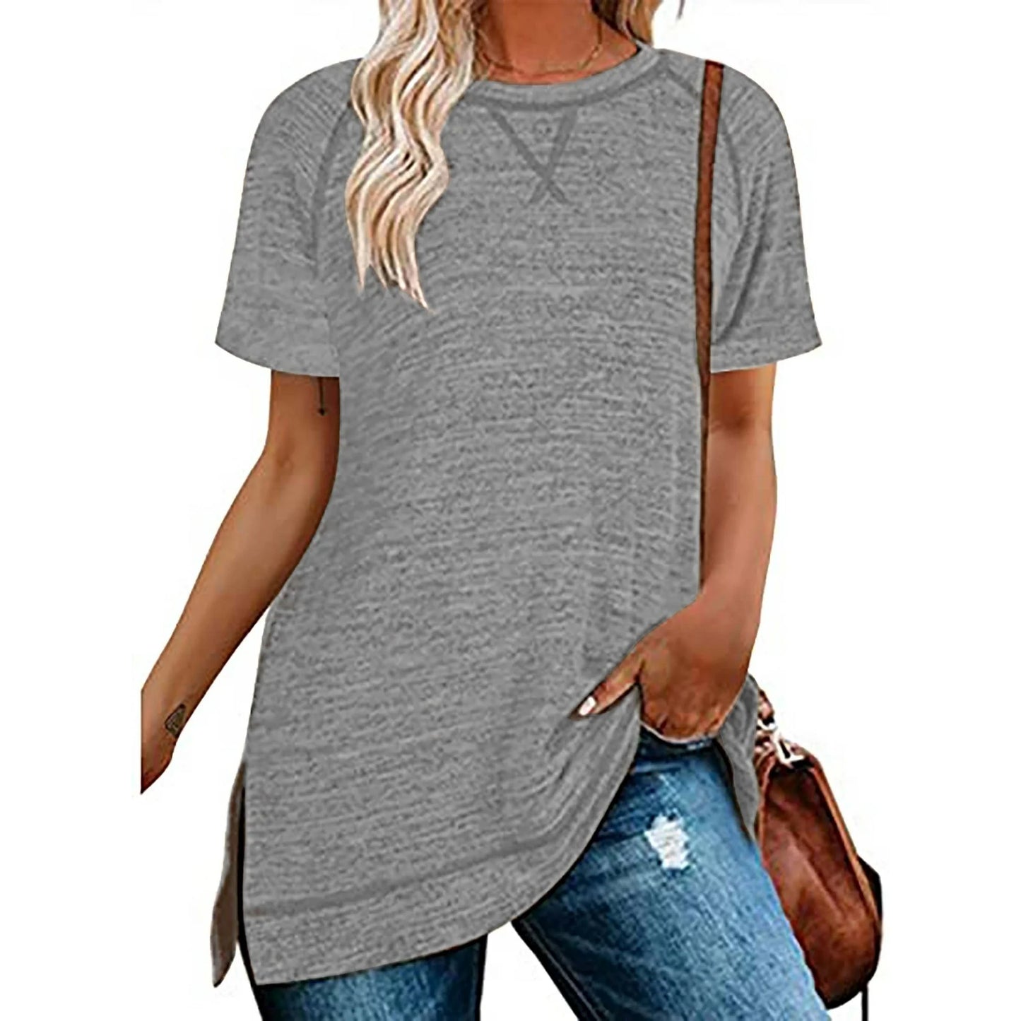 SHIBEVER Summer Short Sleeve T Shirts for Women Plus Size Casual Loose Side Split Tunic Tops Comfortable Crew Neck Tops