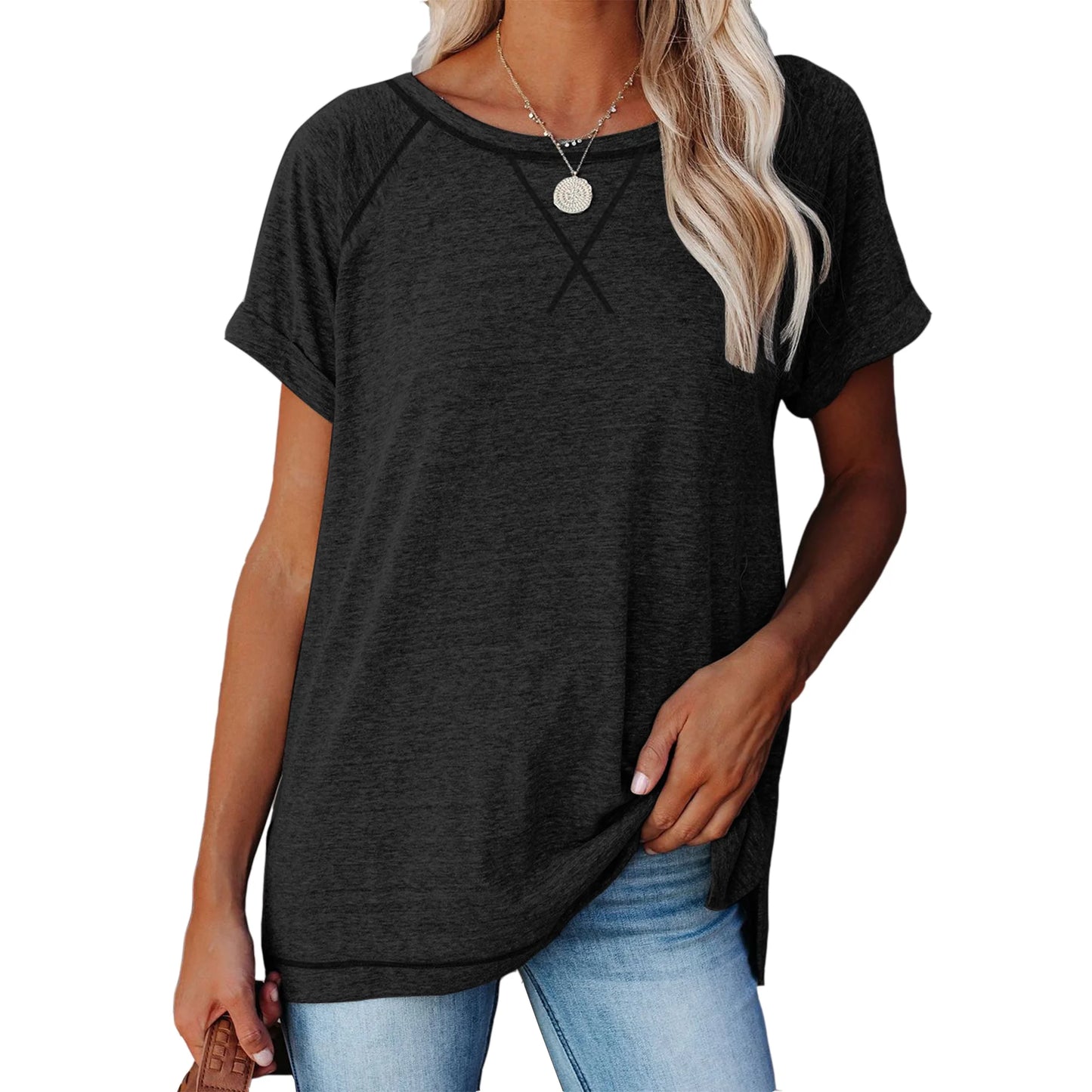SHIBEVER T Shirts for Women Tops Summer Casual Short Sleeve Tunic Tops for Women Loose Color Block T Shirts Side Slit Crew Neck Lady Tops Blouses Gray L
