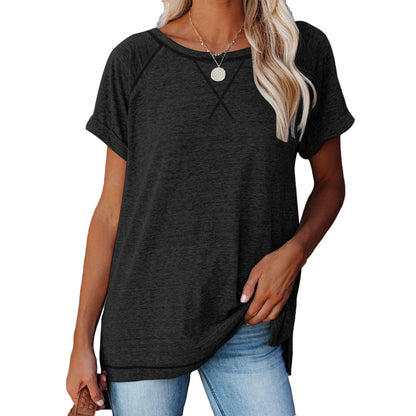 SHIBEVER T Shirts for Women Tops Summer Casual Short Sleeve Tunic Tops for Women Loose Color Block T Shirts Side Slit Crew Neck Lady Tops Blouses Gray L