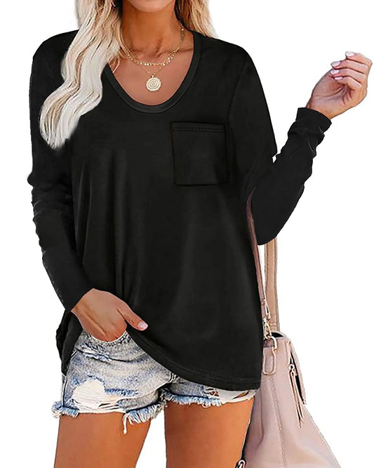 SHIBEVER Fall Tunic Tops Blouses for Women Long Sleeve Crew Neck Casual Pocket T-Shirts Black lightweight Pullover Clothes