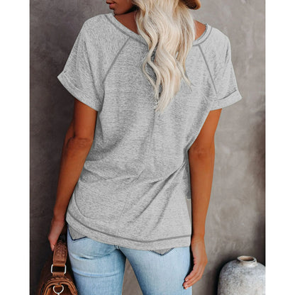 SHIBEVER T Shirts for Women Tops Summer Casual Short Sleeve Tunic Tops for Women Loose Color Block T Shirts Side Slit Crew Neck Lady Tops Blouses Gray L