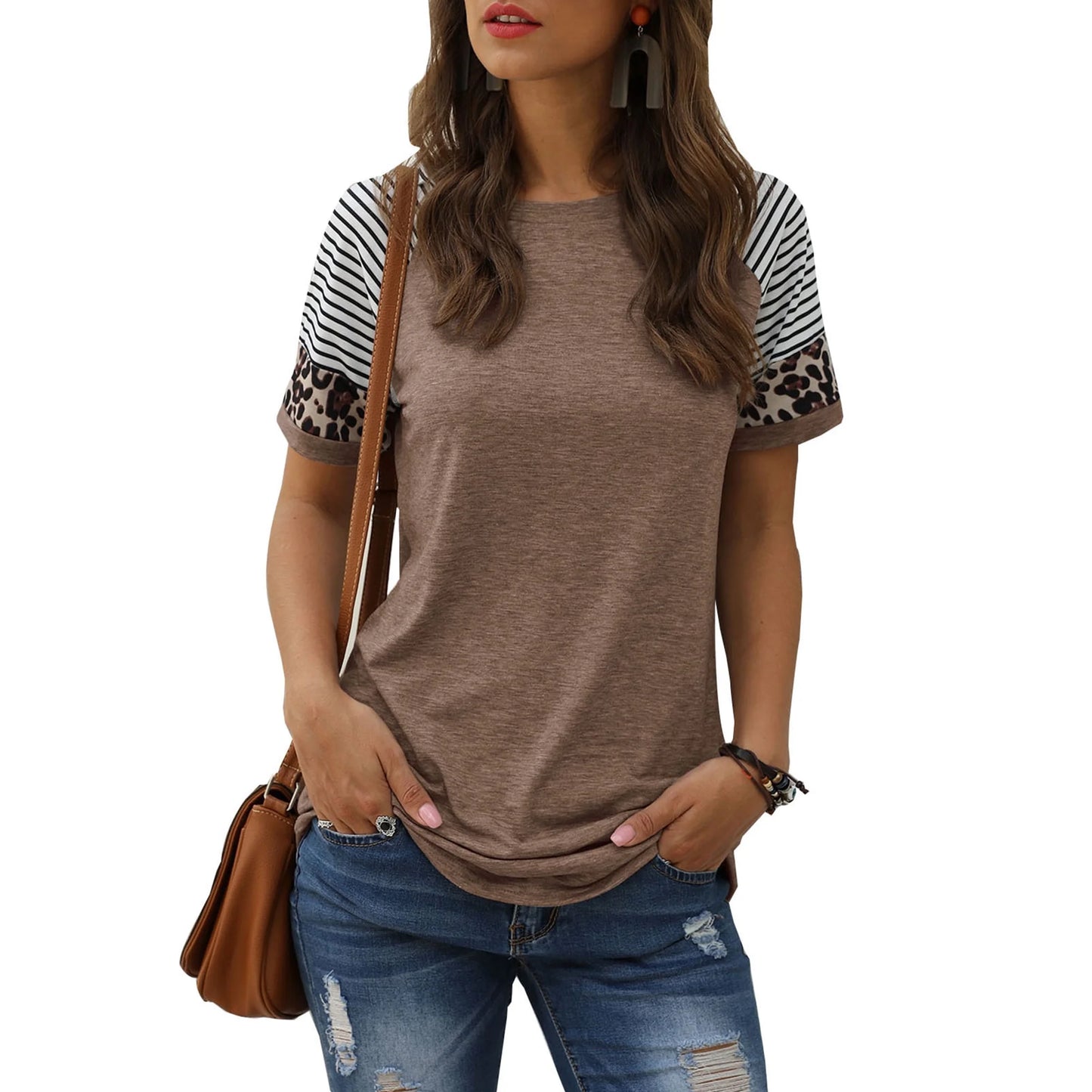 TEMOFON Women's Short Sleeve Tops Leopard Color Block T Shirt Casual Tunic Crew Neck Striped Shirts