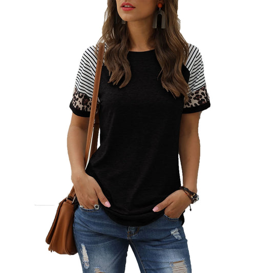 TEMOFON Women's Short Sleeve Tops Leopard Color Block T Shirt Casual Tunic Crew Neck Striped Shirts