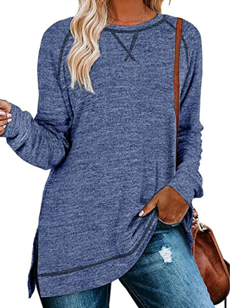 SHIBEVER Women Long Sleeve T shirts Fall Fashion Side Slit Tunics Tops Pullover Crewneck Sweatshirts Dressy Going Out Tops Loose Blouses